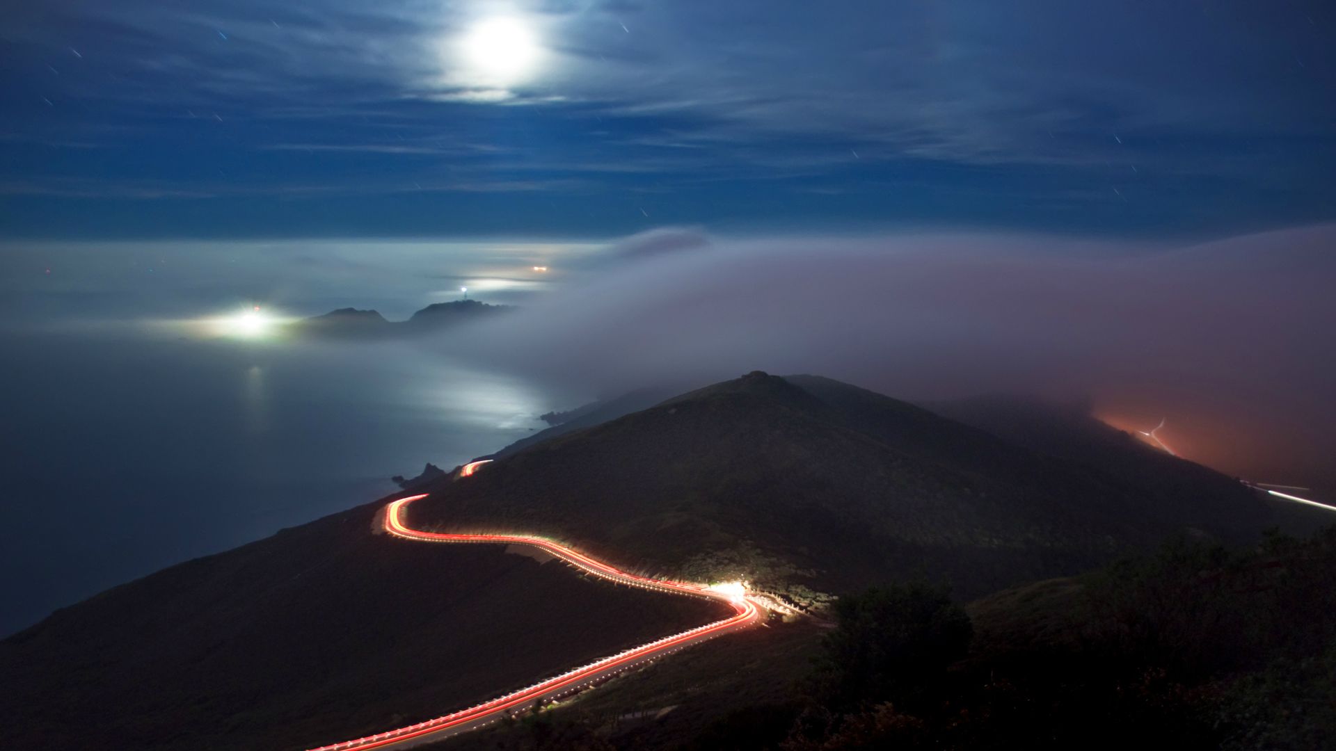 Download mobile wallpaper Landscape, Night, Mountain, Road, Fog, Photography, Time Lapse for free.