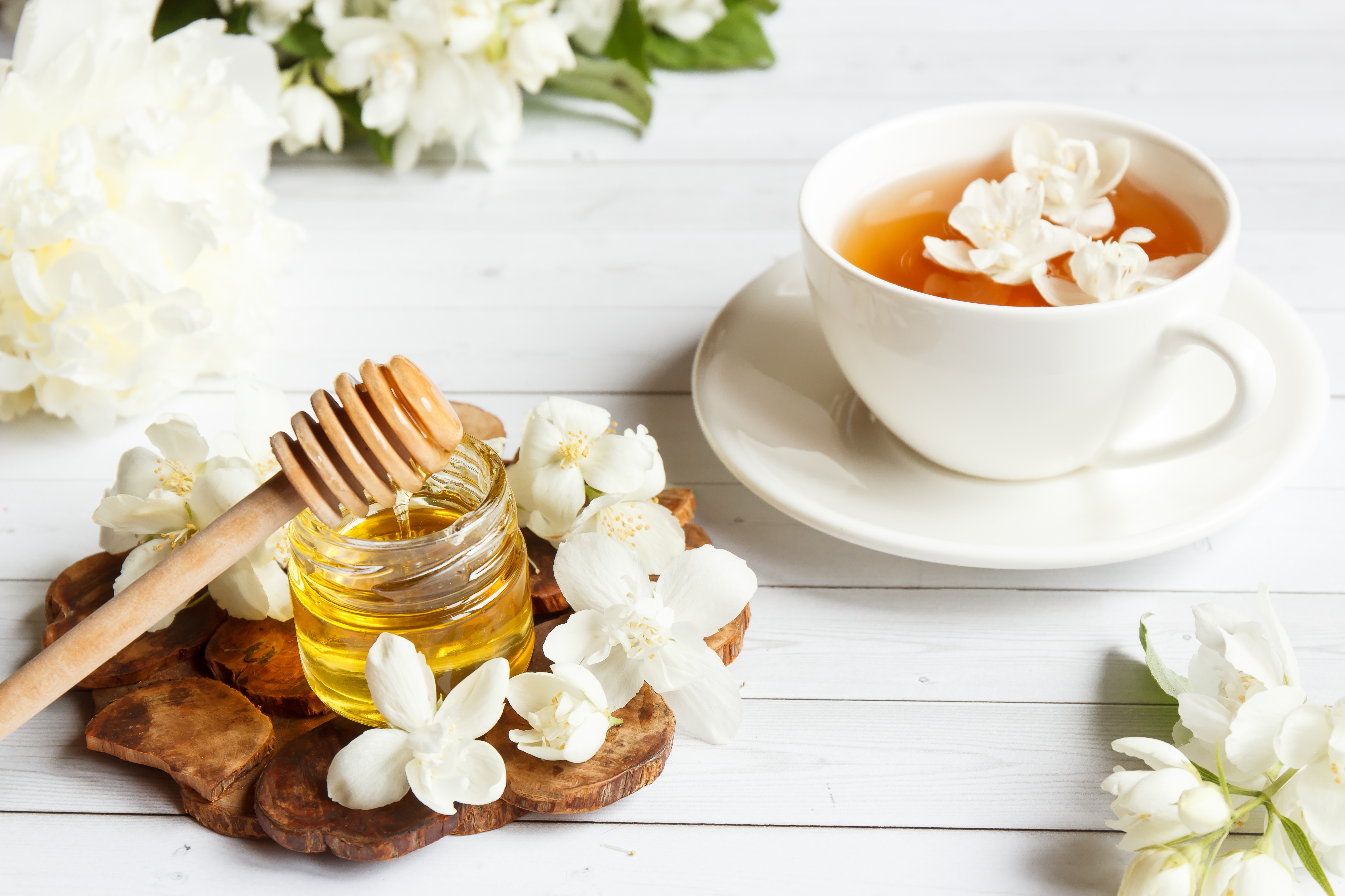 Download mobile wallpaper Food, Still Life, Flower, Cup, Tea, Honey, White Flower for free.