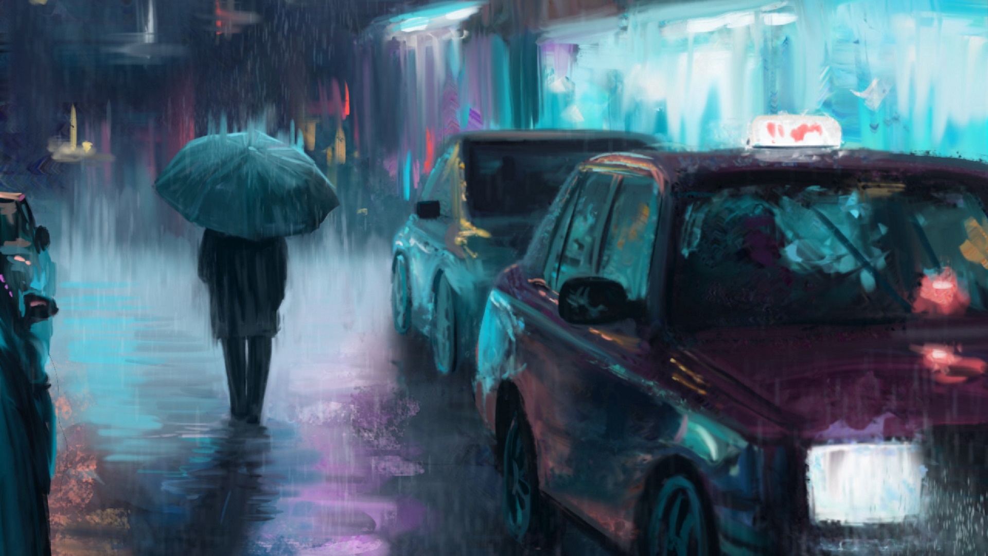 Download mobile wallpaper People, Rain, Night, Car, Umbrella, Street, Artistic for free.