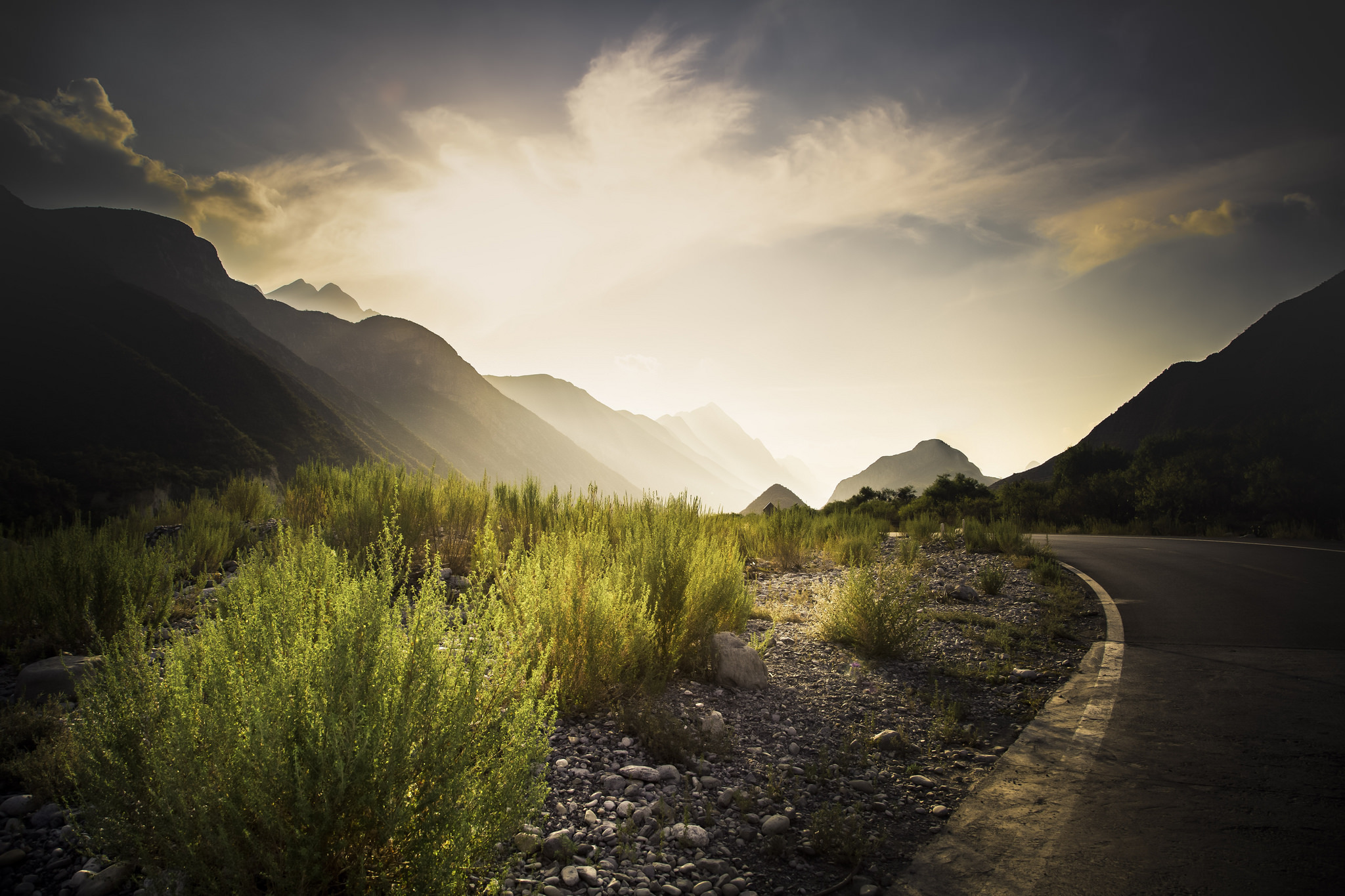 nature, mountains, road, grass, dawn, markup 4K, Ultra HD