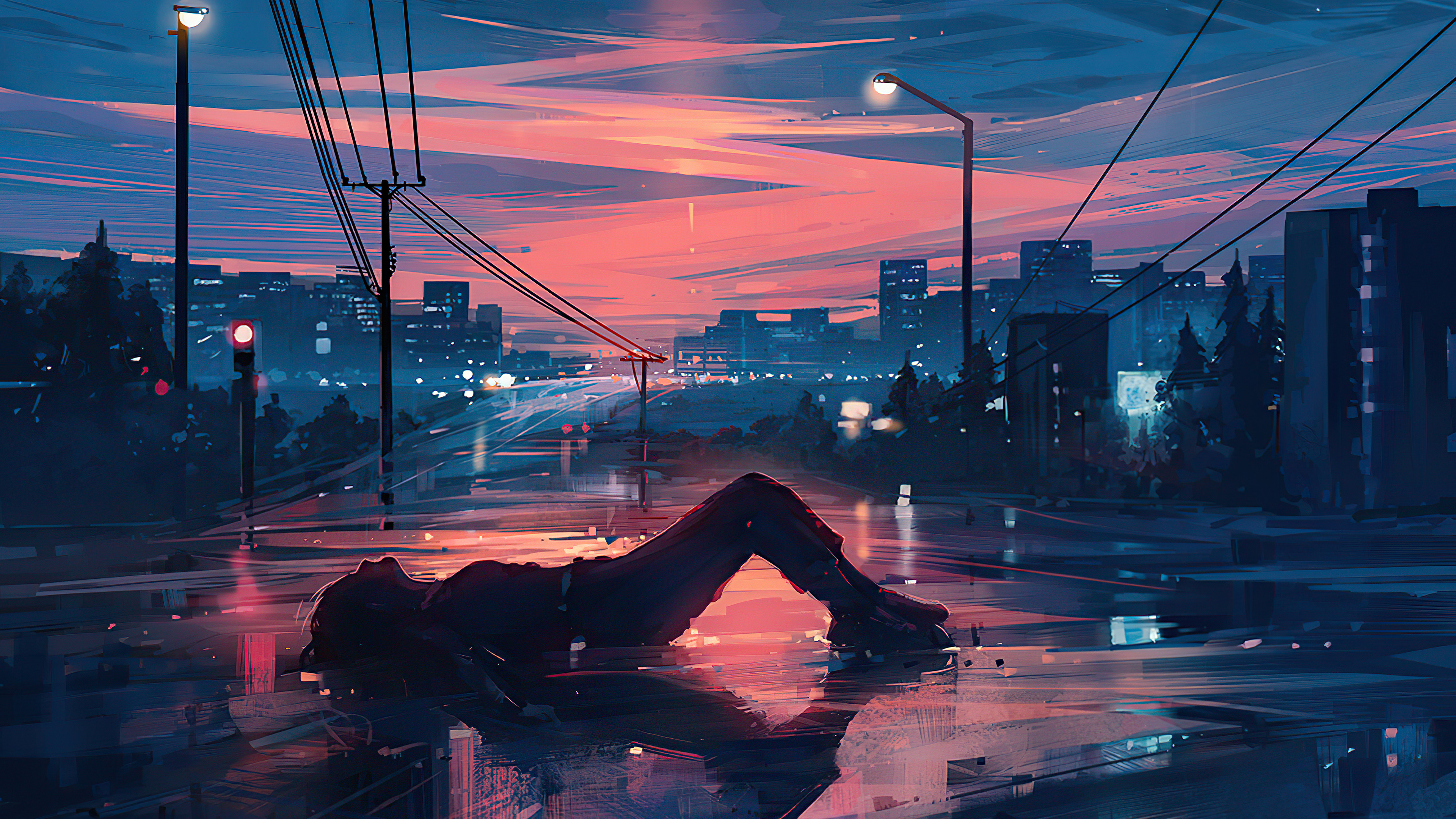 Free download wallpaper Night, Cityscape, Artistic, Women, Lying Down on your PC desktop