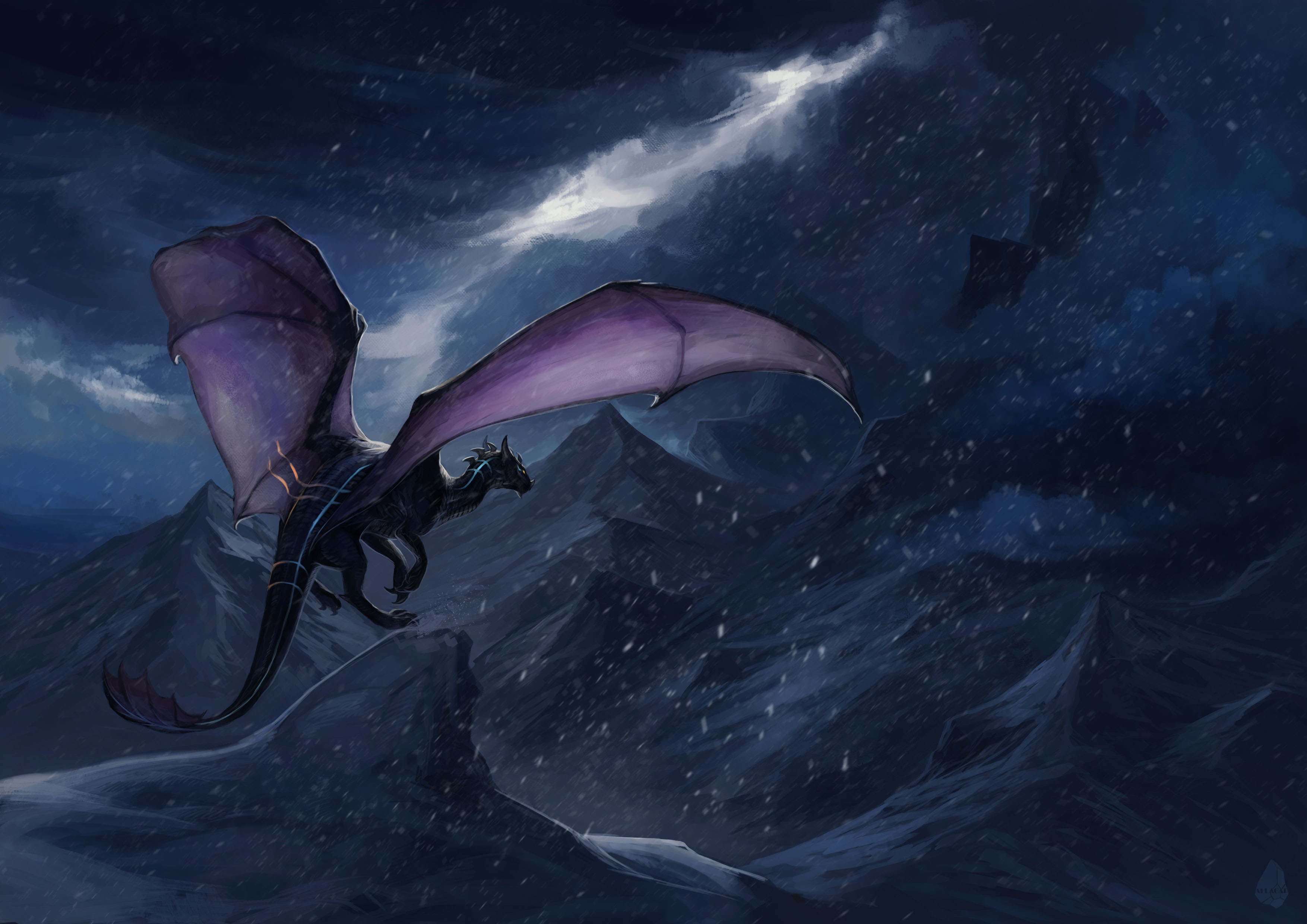 Free download wallpaper Fantasy, Mountain, Dragon, Snowfall on your PC desktop