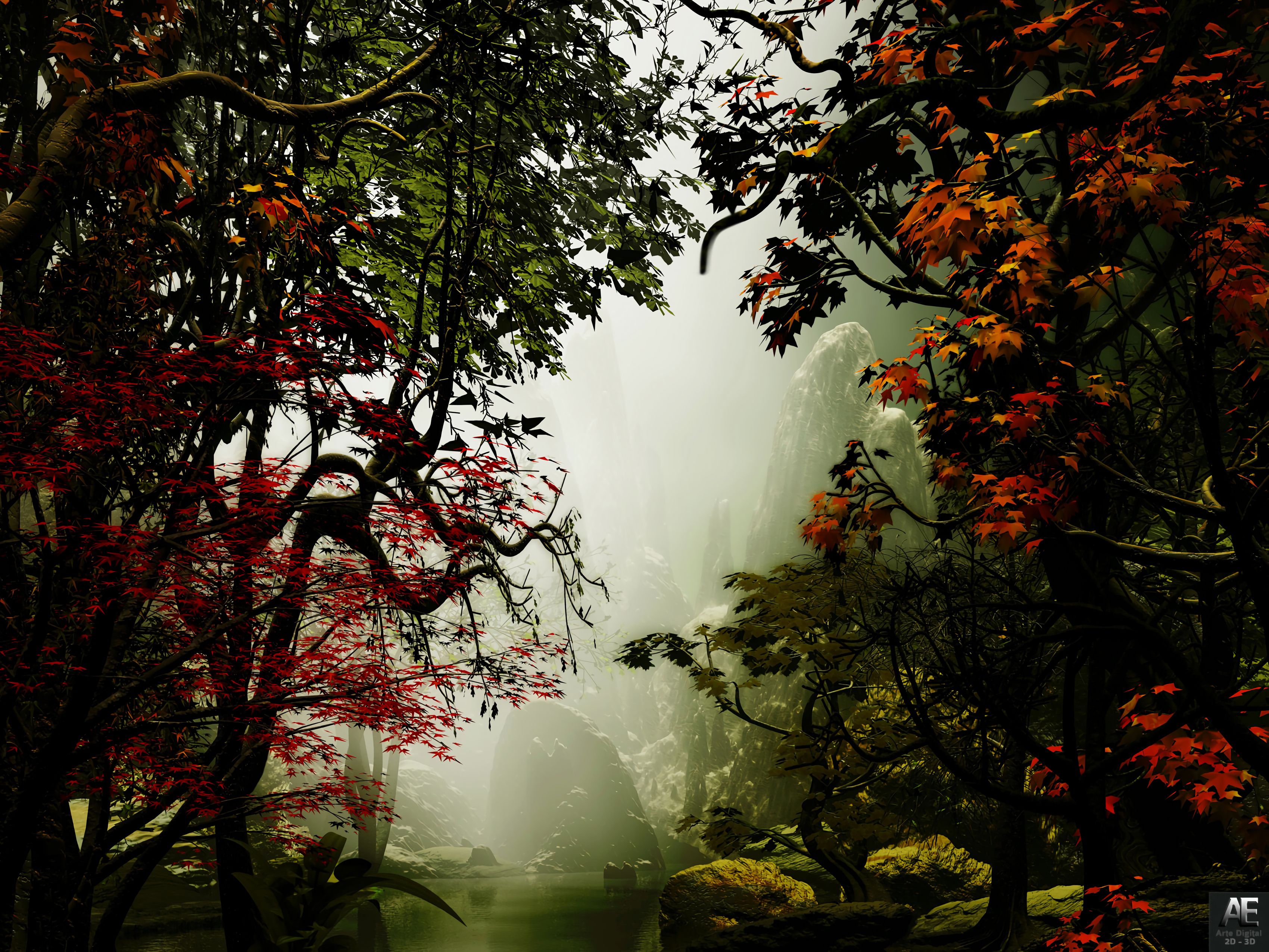 Baixe gratuitamente a imagem Árvores, Outono, As Rochas, Rochas, Névoa, Nevoeiro, Arte na área de trabalho do seu PC