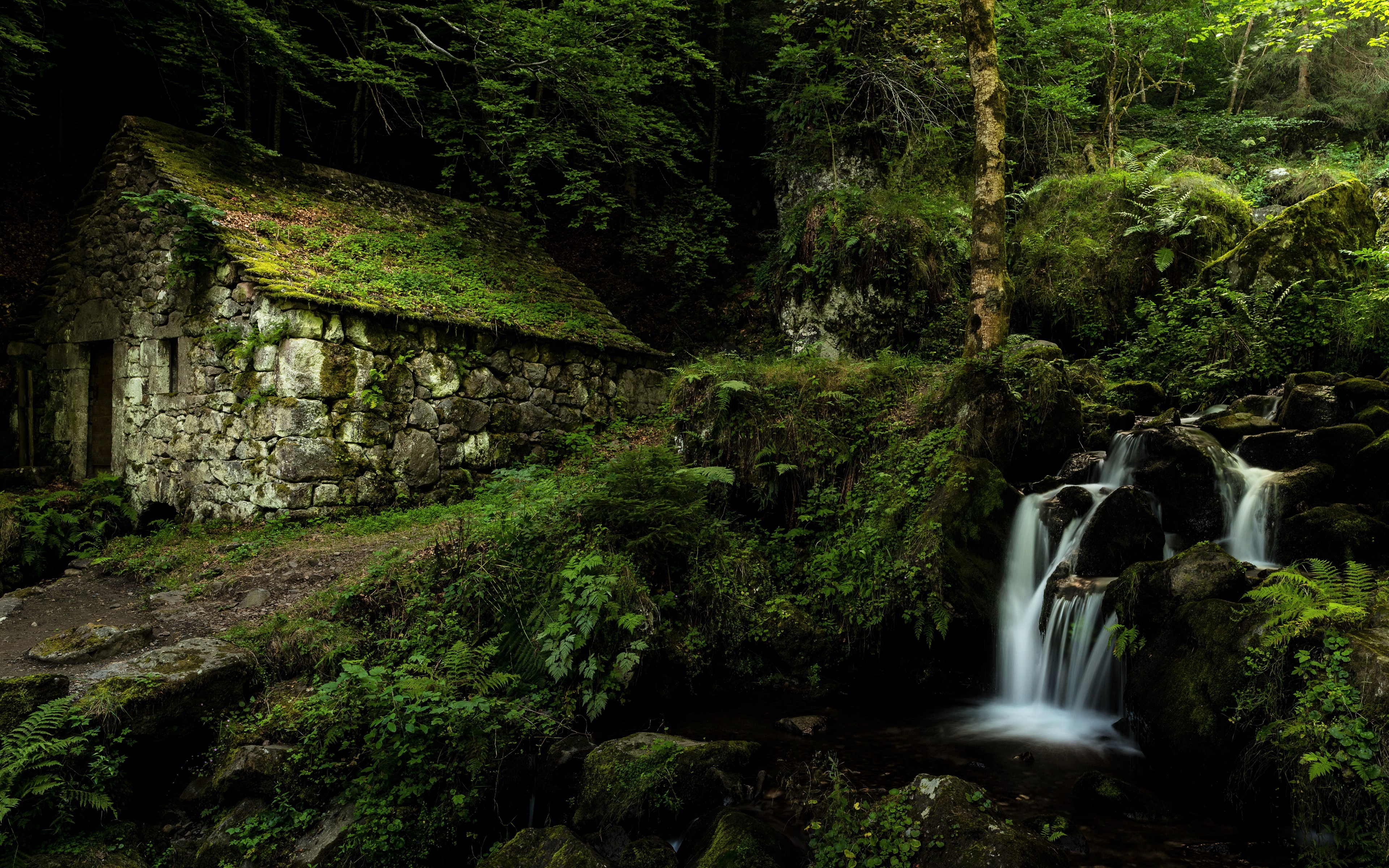 Free download wallpaper Building, Waterfall, Stone, Cabin, Man Made, Greenery on your PC desktop