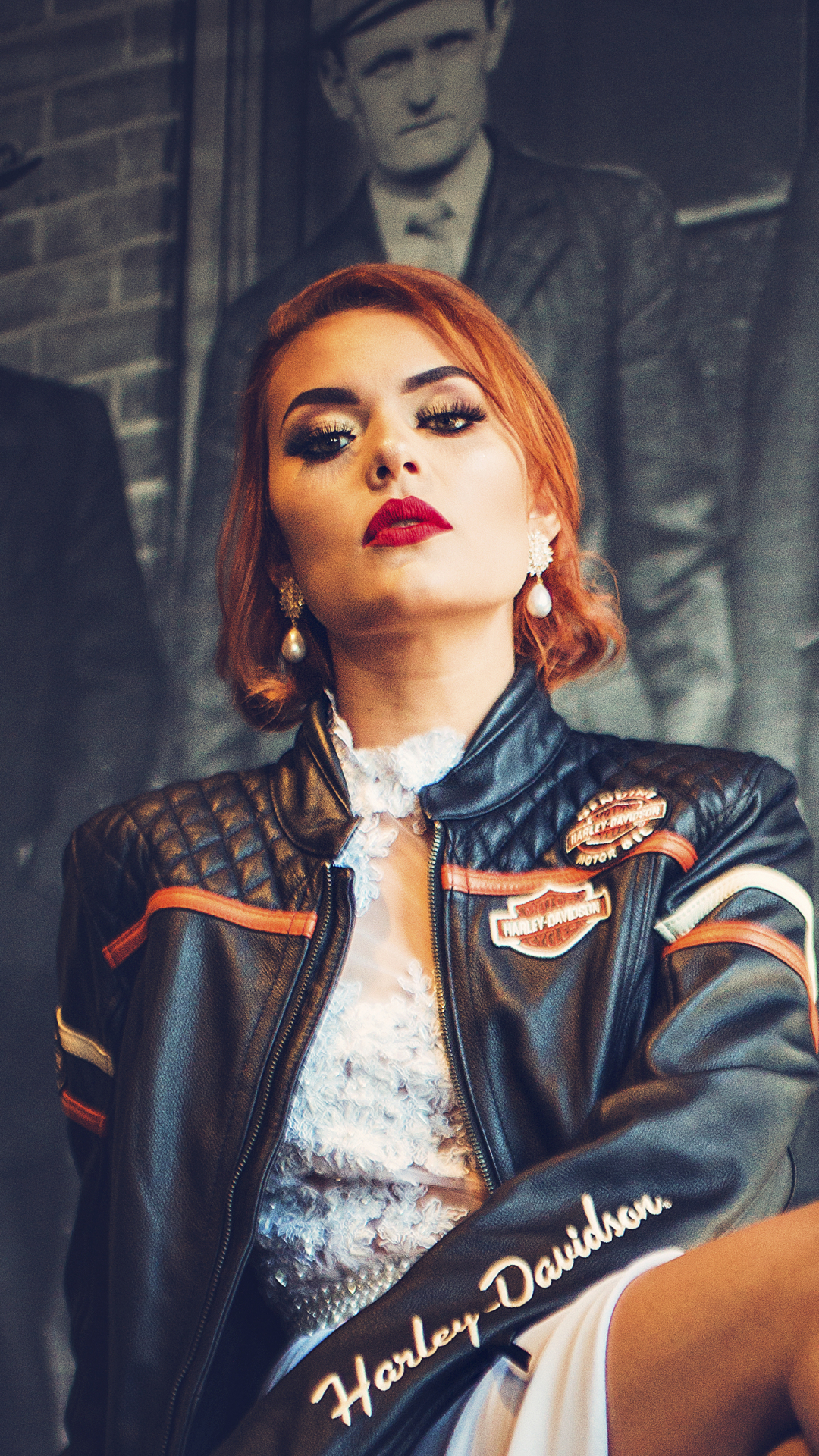 Download mobile wallpaper Redhead, Model, Women, Short Hair, Lipstick, Leather Jacket for free.