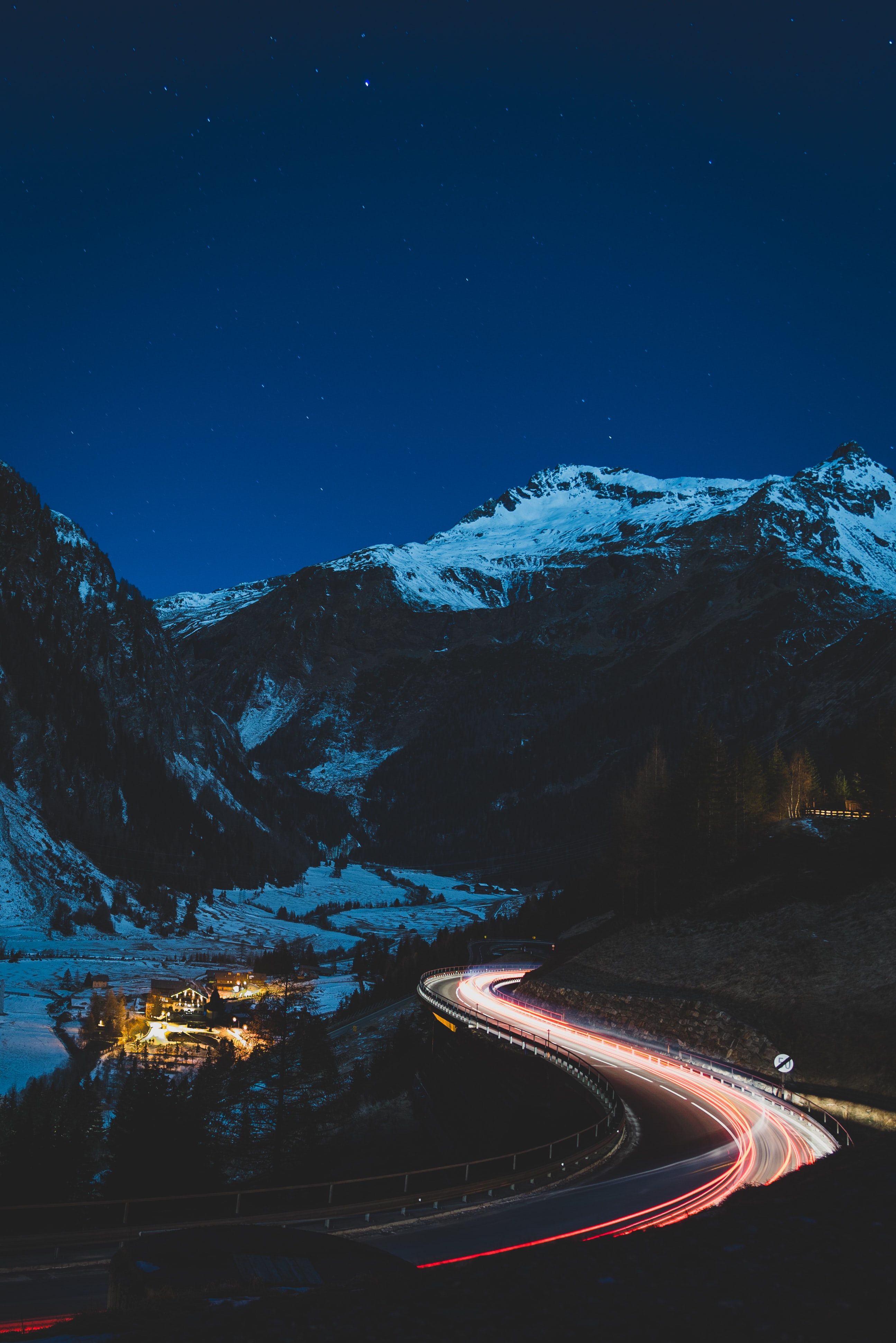 Free download wallpaper Lights, Mountain, Road, Snow, Night, Dark on your PC desktop