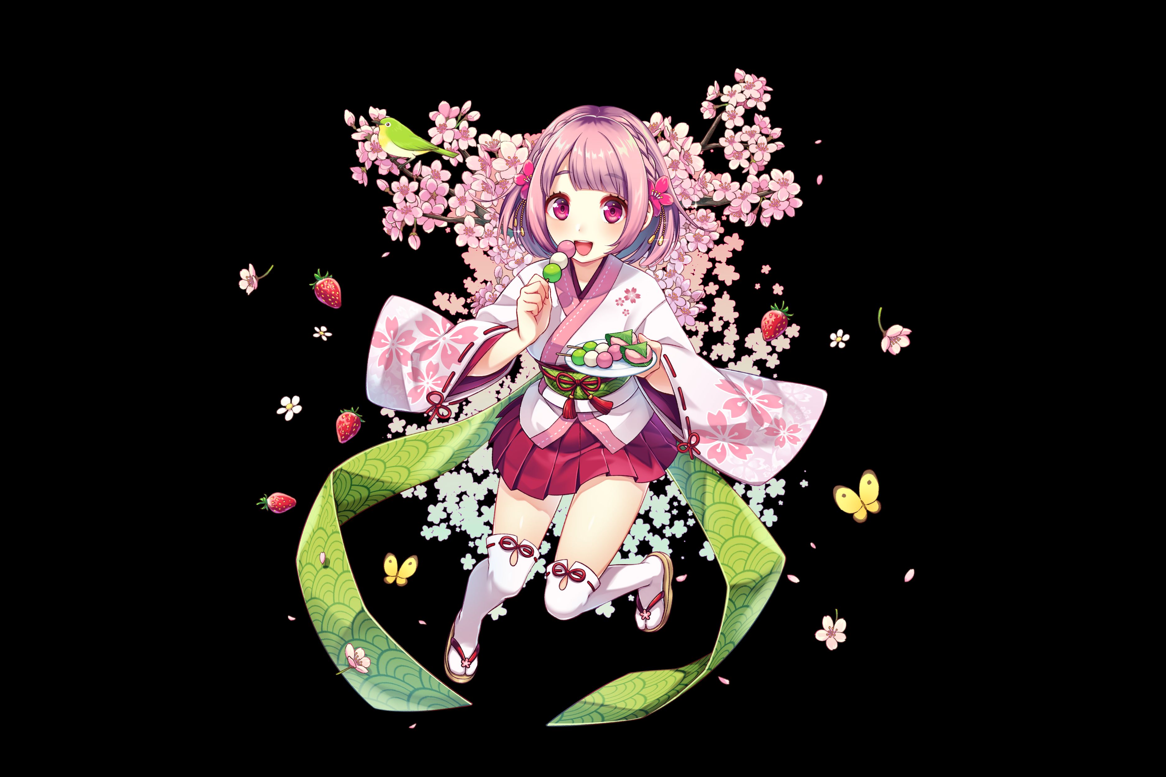 Download mobile wallpaper Anime, Flower, Smile, Ribbon, Skirt, Original, Pink Hair, Pink Eyes, Japanese Clothes for free.