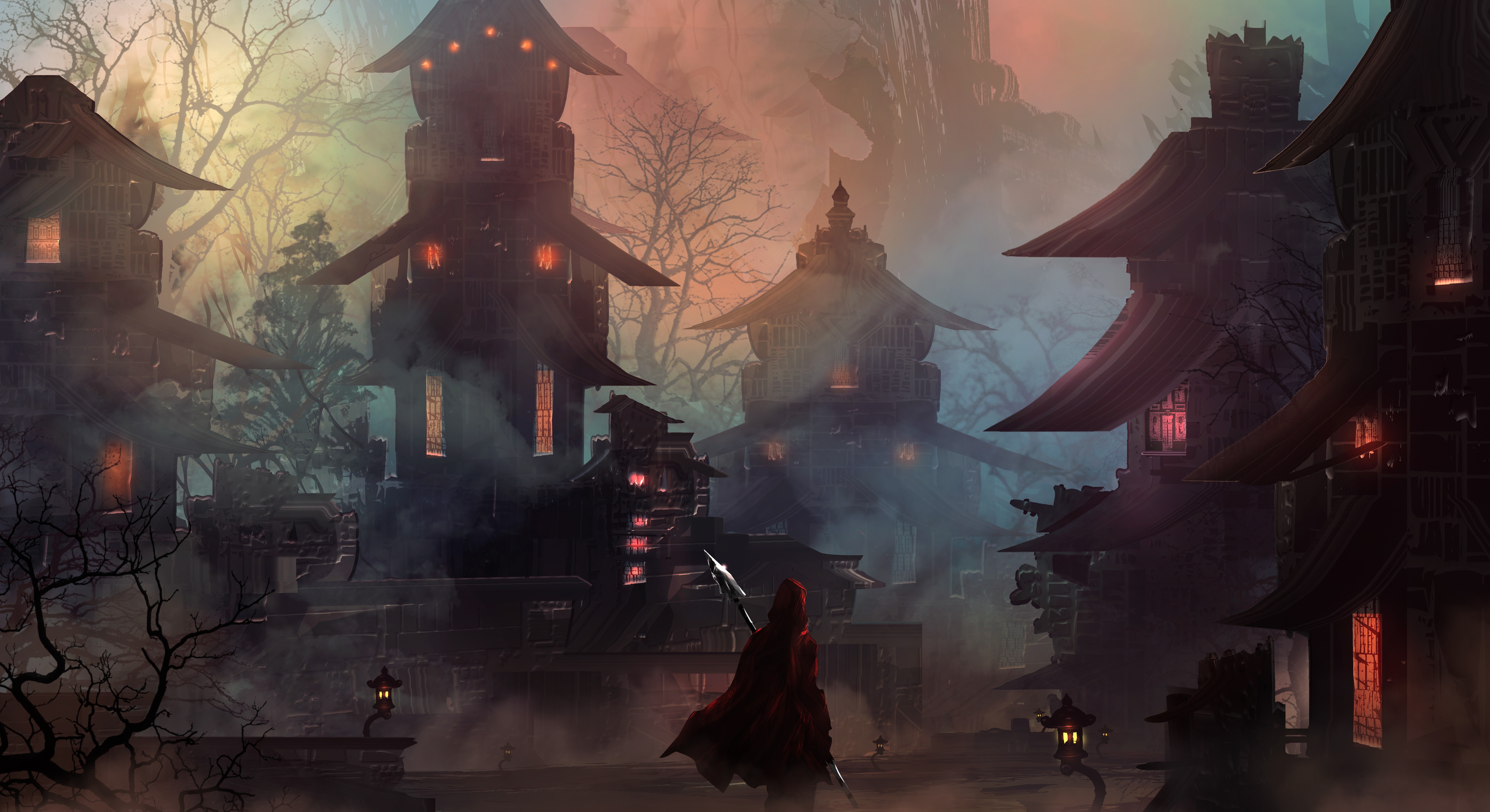 Download mobile wallpaper Fantasy, Building, Warrior, Oriental, Town, Spear for free.