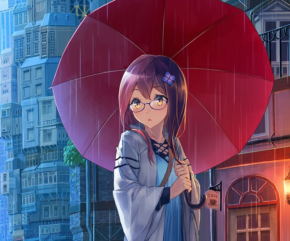 Laden Sie das Mädchen, Regen, Regenschirm, Brille, Lila Haare, Animes-Bild kostenlos auf Ihren PC-Desktop herunter