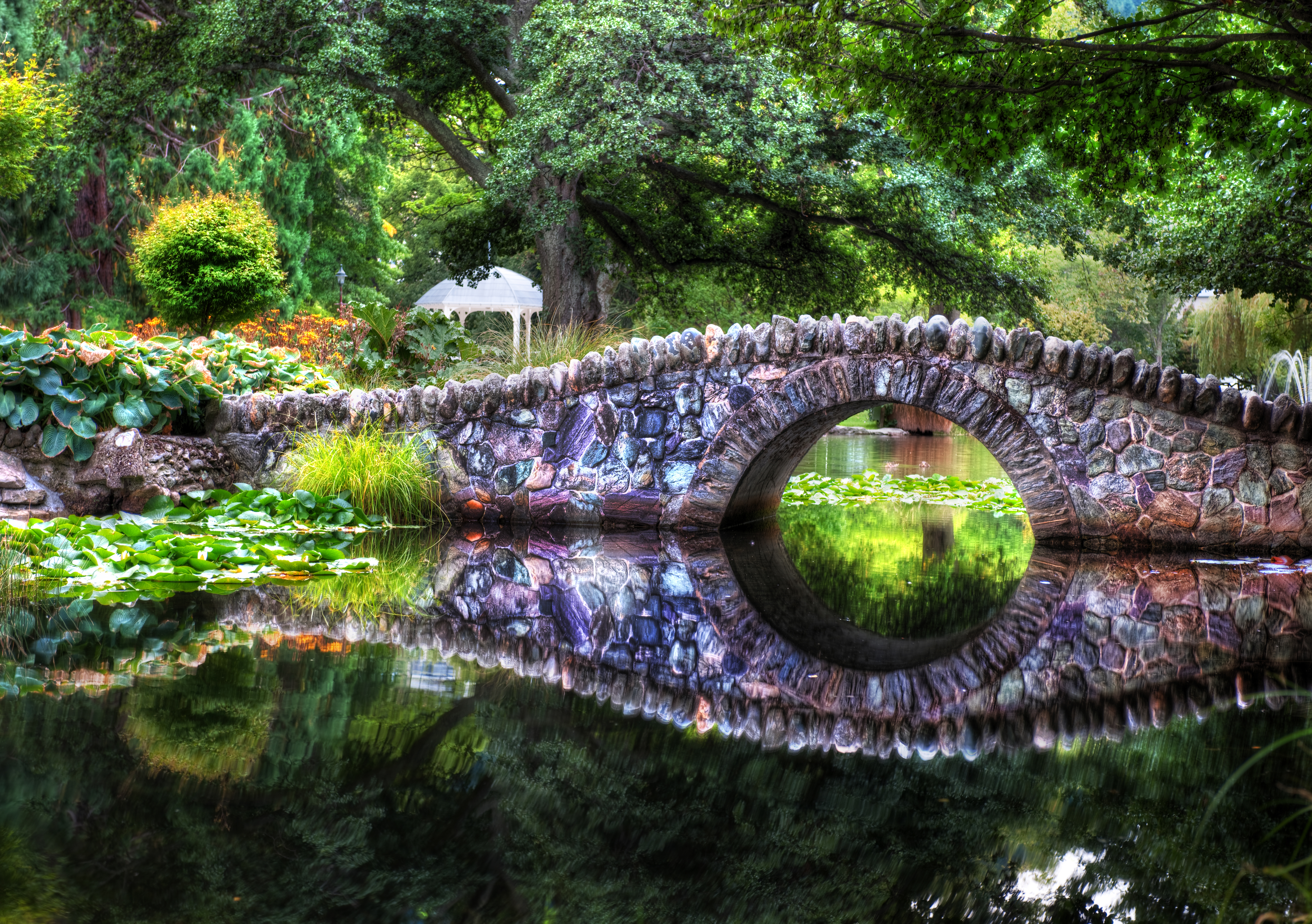 Download mobile wallpaper Reflection, Forest, Bridge, Stone, Pond, River, Man Made for free.