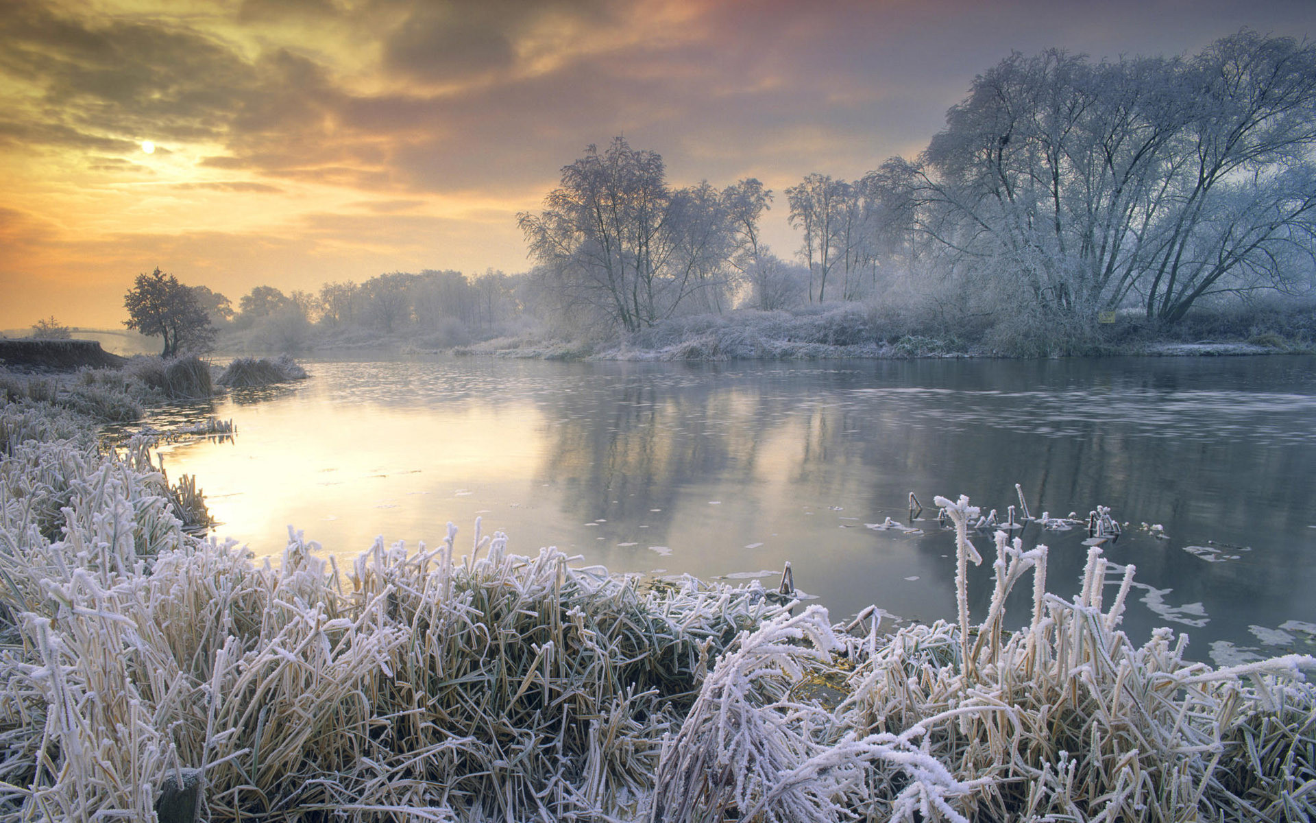 Download mobile wallpaper Winter, Landscape, Rivers, Trees, Sunset for free.