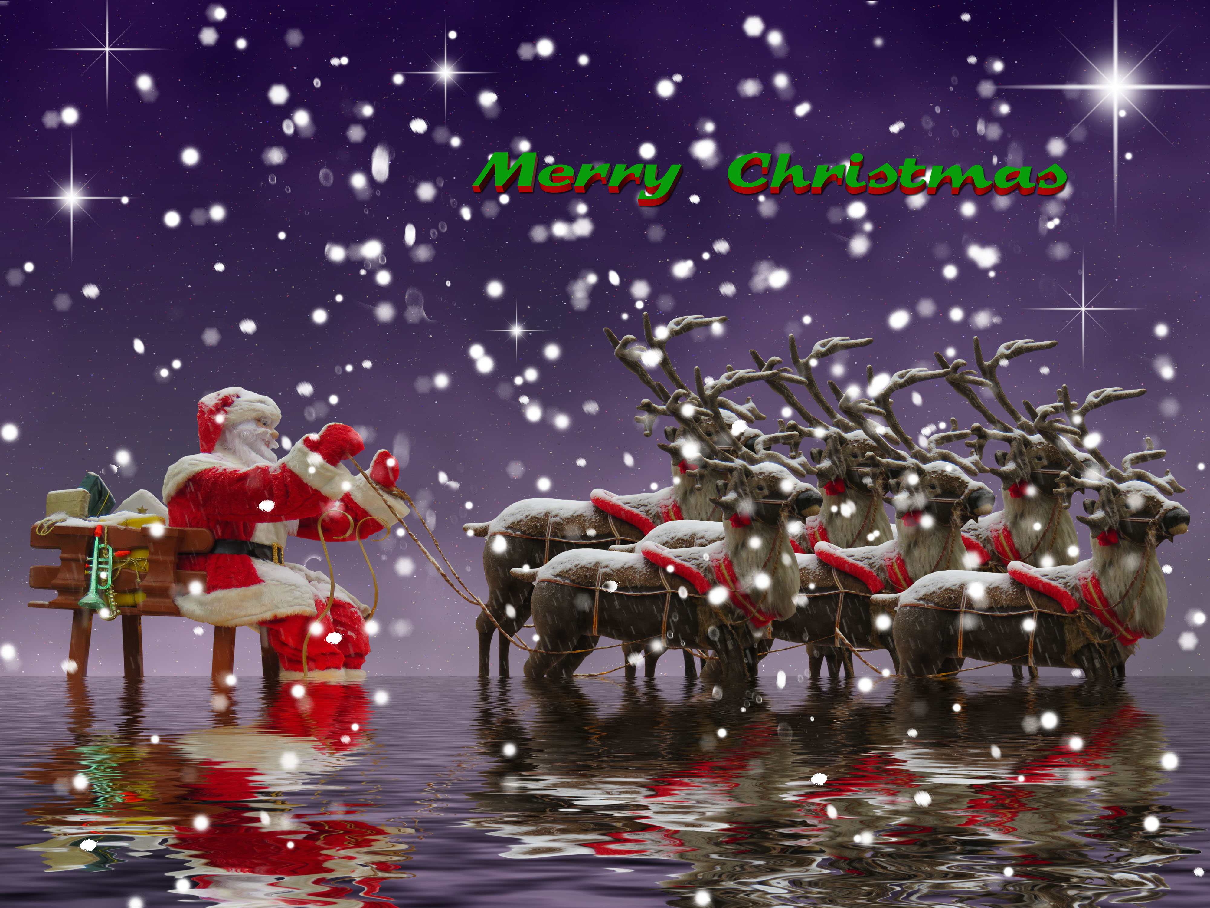 Download mobile wallpaper Christmas, Holiday, Gift, Sleigh, Santa, Merry Christmas, Reindeer for free.