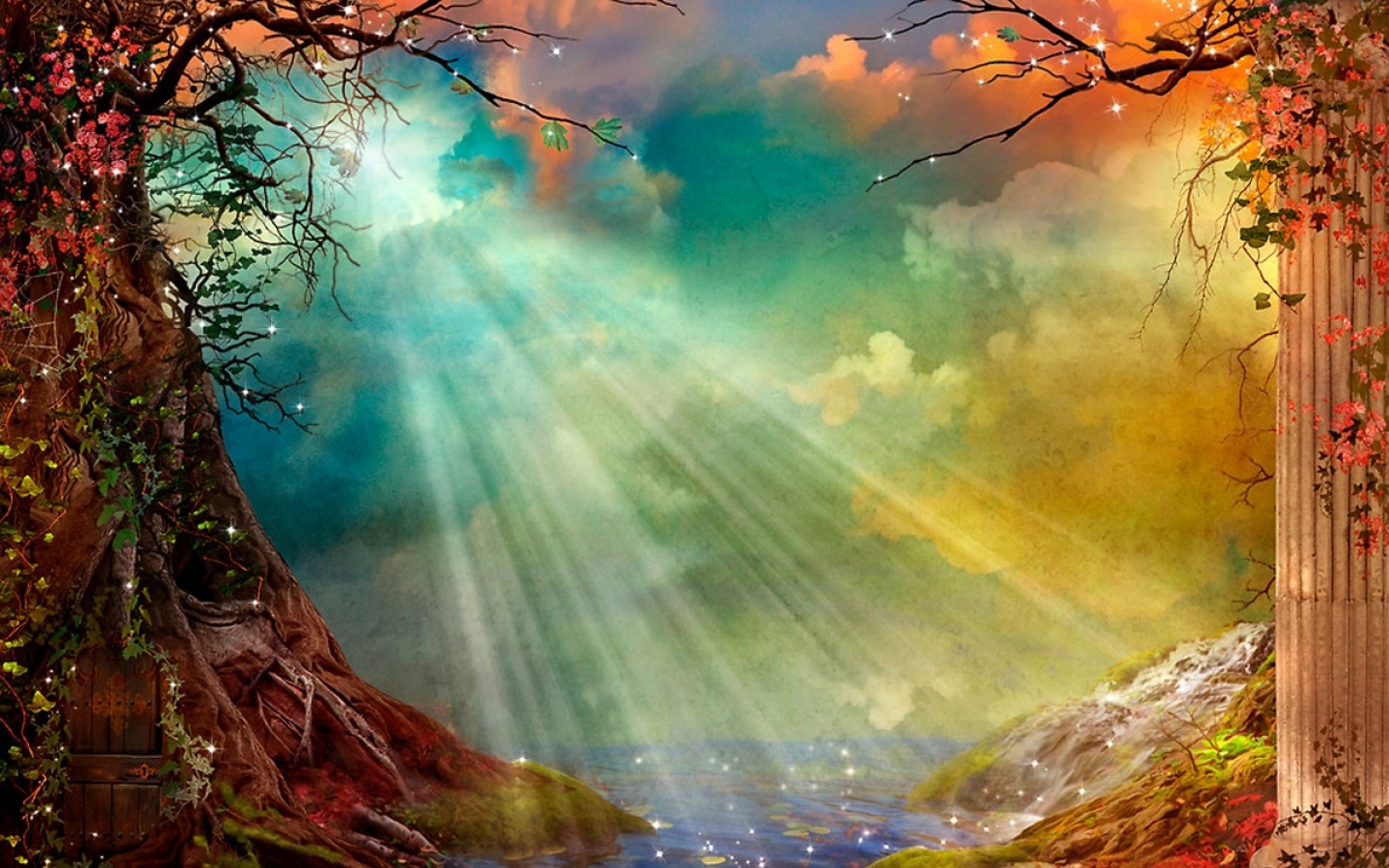 Download mobile wallpaper Fantasy, Sky, Tree, Artistic, Sunbeam for free.