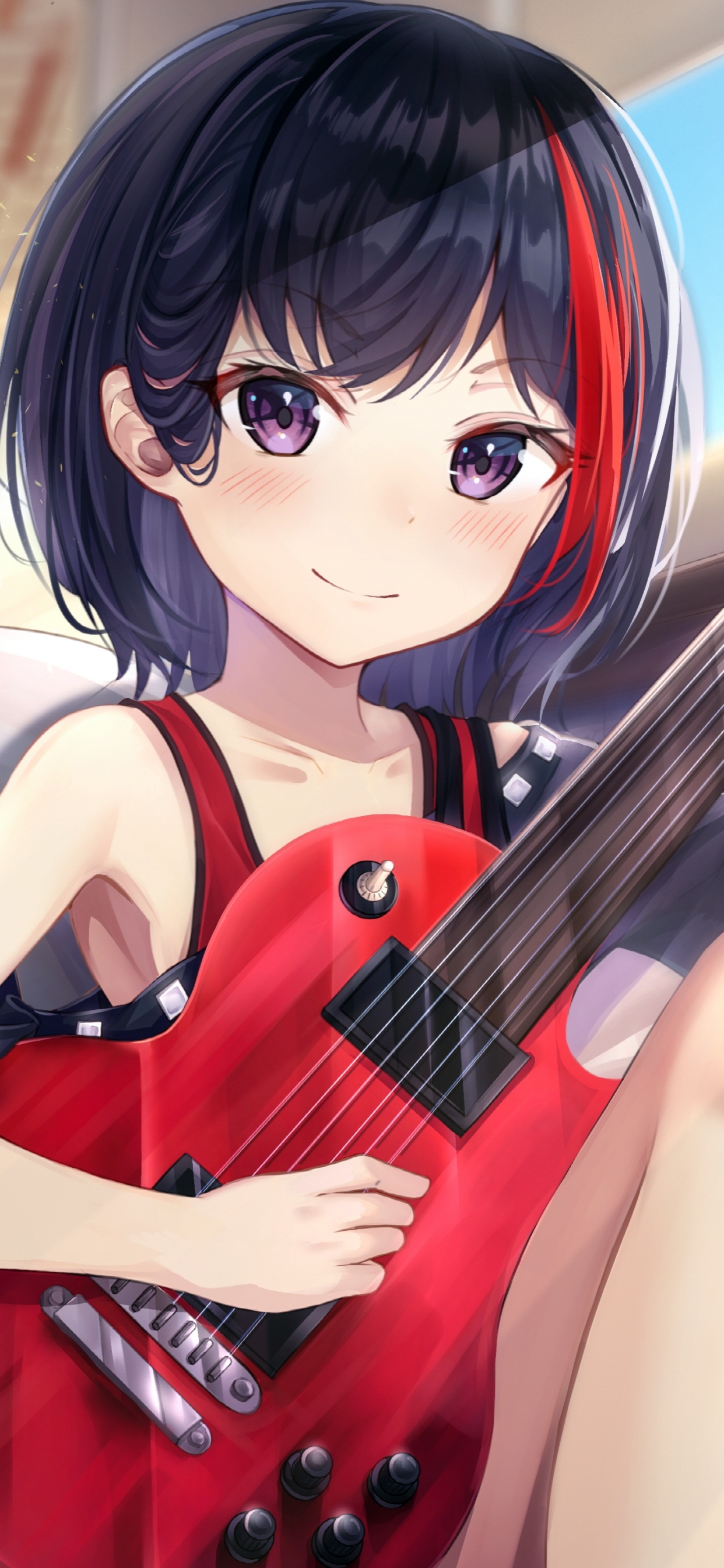 guitar, anime, bang dream! girls band party!, purple eyes, blue hair, blush, short hair, ran mitake