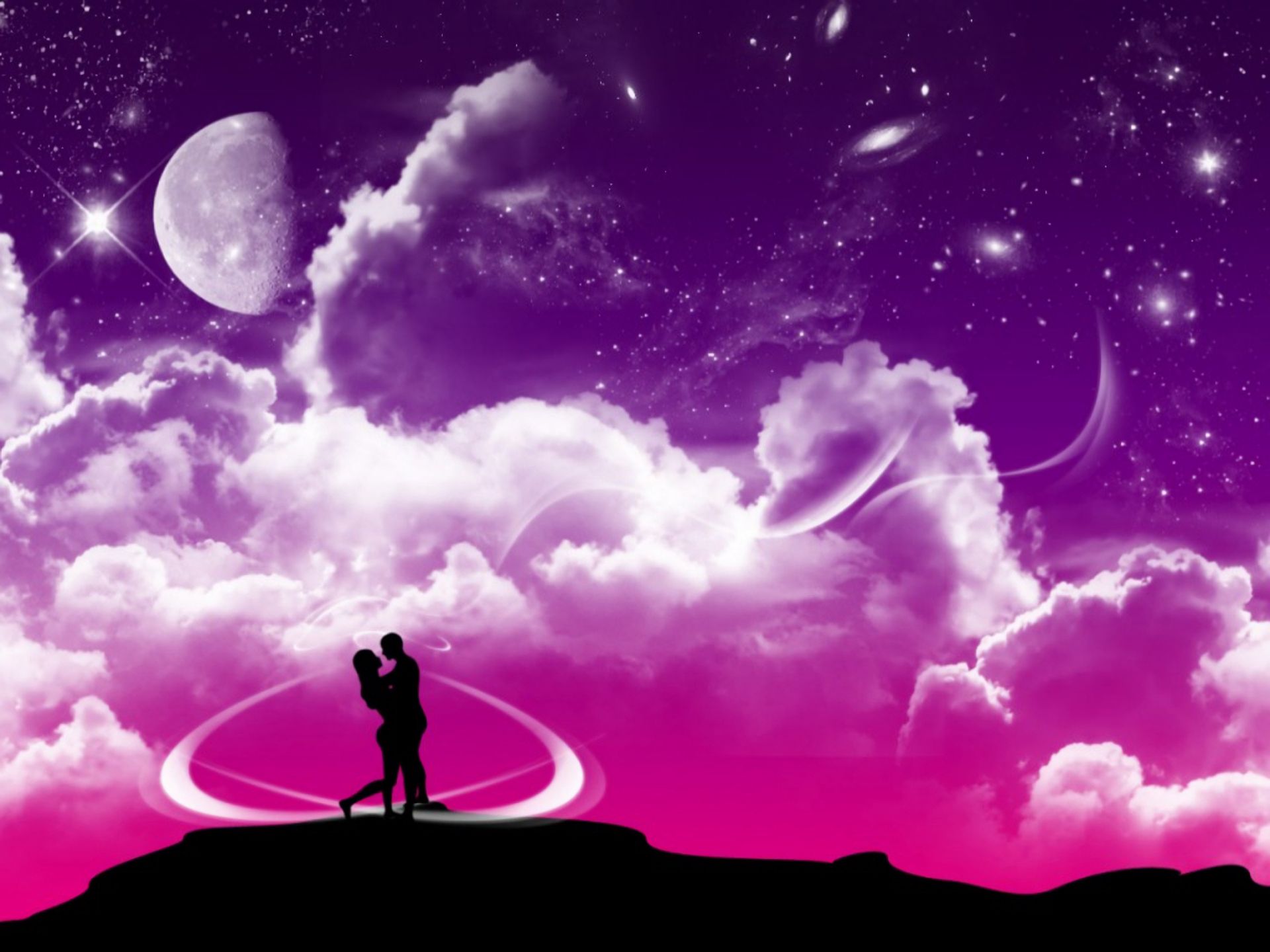 185249 завантажити картинку рожевий, художній, кохання, місяць, романтичний, небо, зірки - шпалери і заставки безкоштовно