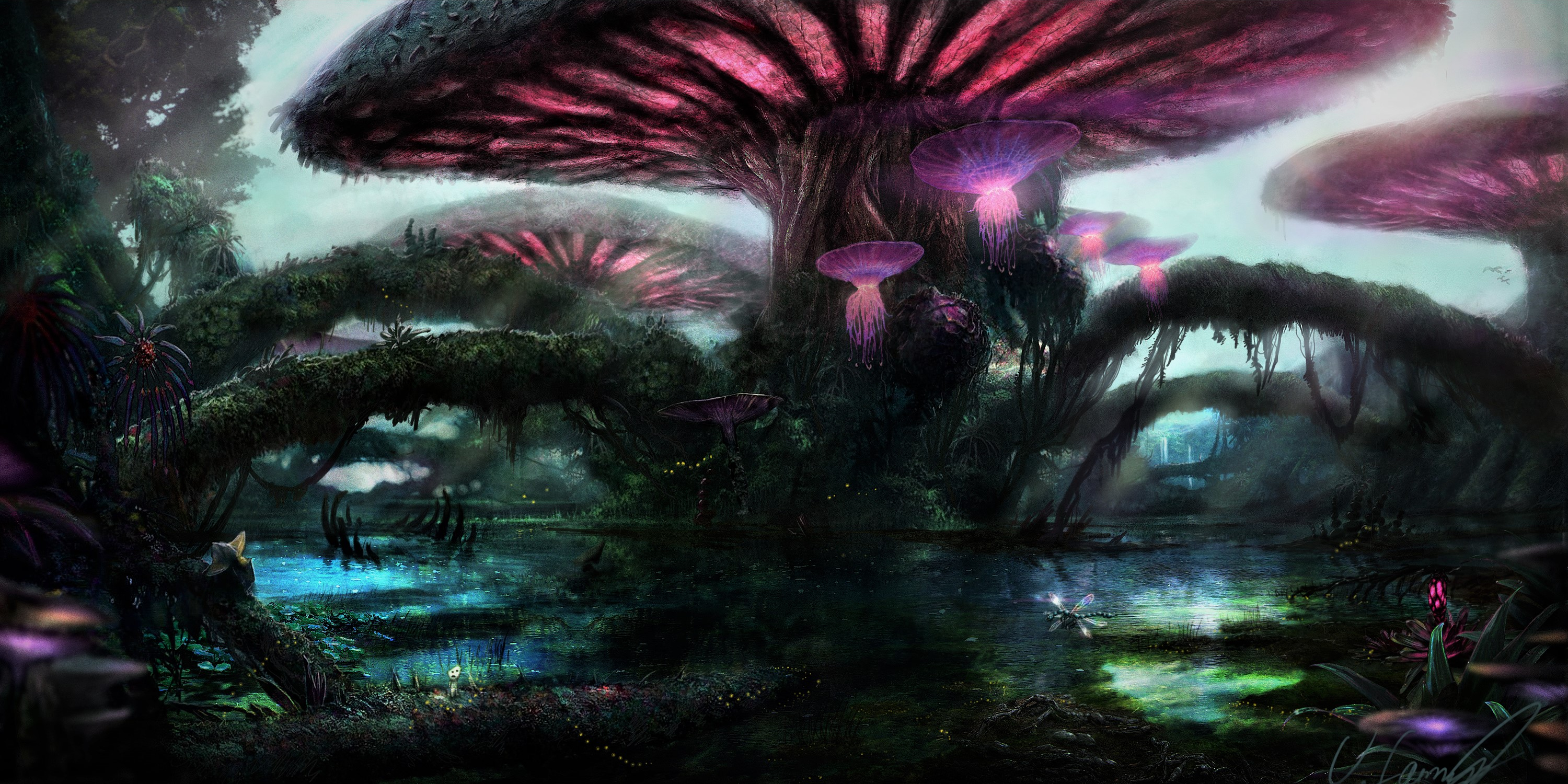 Free download wallpaper Fantasy, Forest, Tree, Mushroom, Purple, Magical on your PC desktop