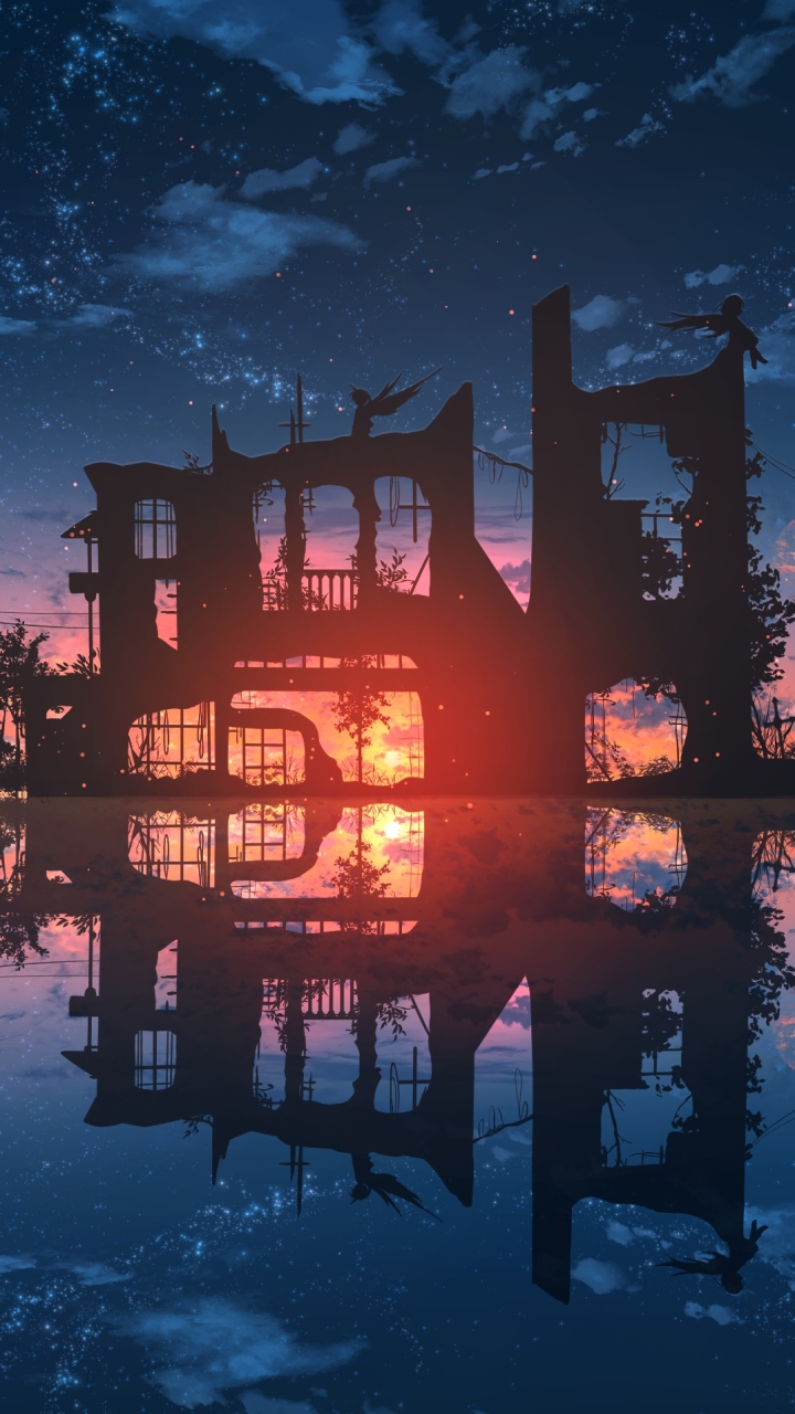 Download mobile wallpaper Anime, Water, Sunset, Reflection, Silhouette, Ruin, Original for free.
