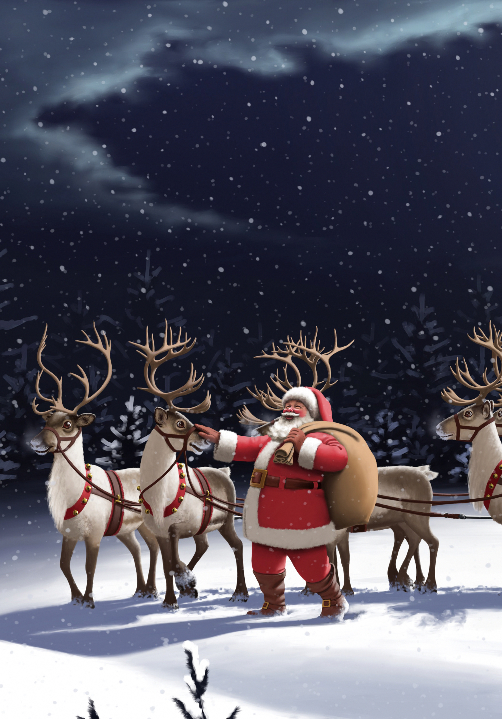 Download mobile wallpaper Night, Christmas, Holiday, Santa, Reindeer for free.