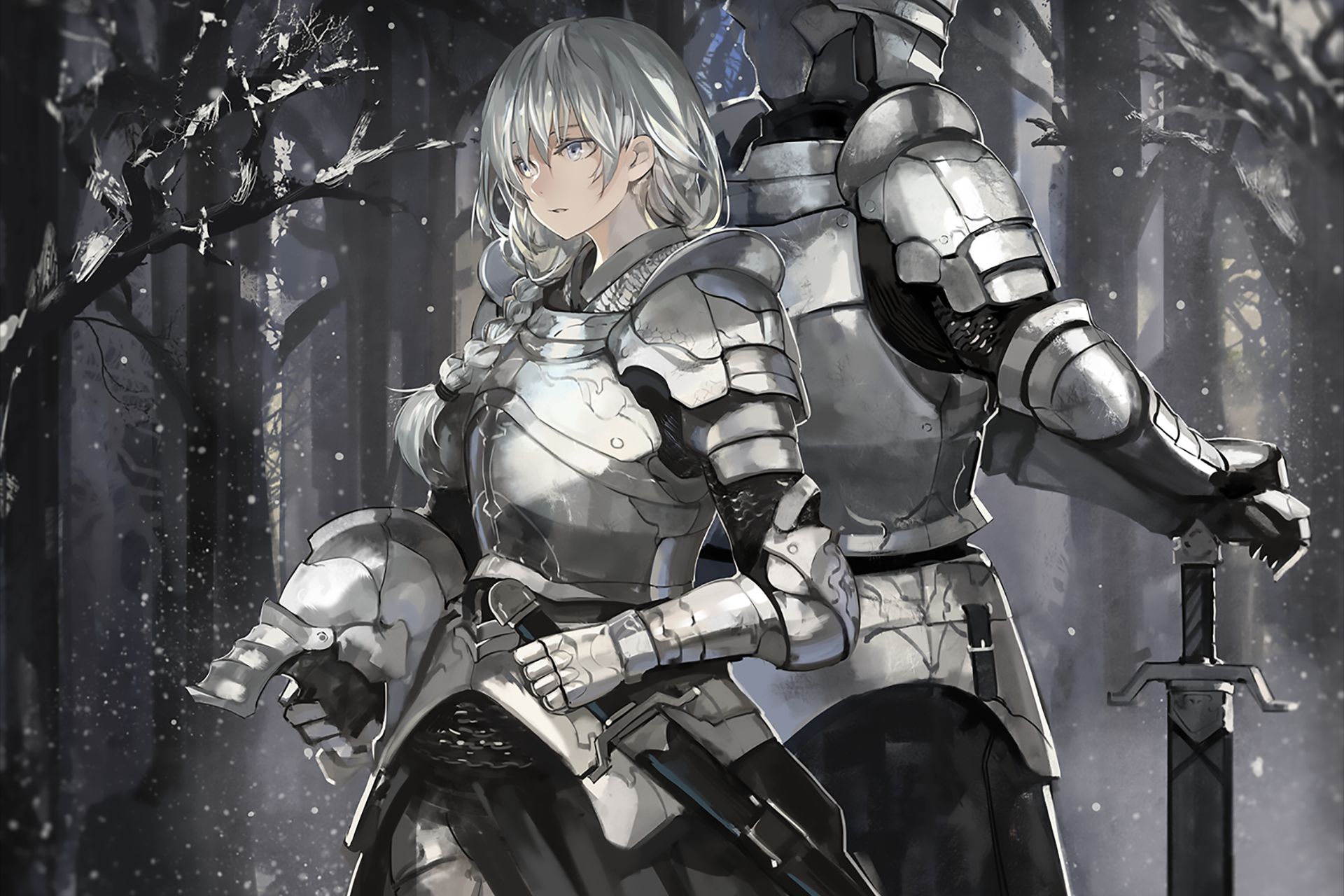 Download mobile wallpaper Anime, Snow, Knight, Armor, Sword, Original, White Hair for free.