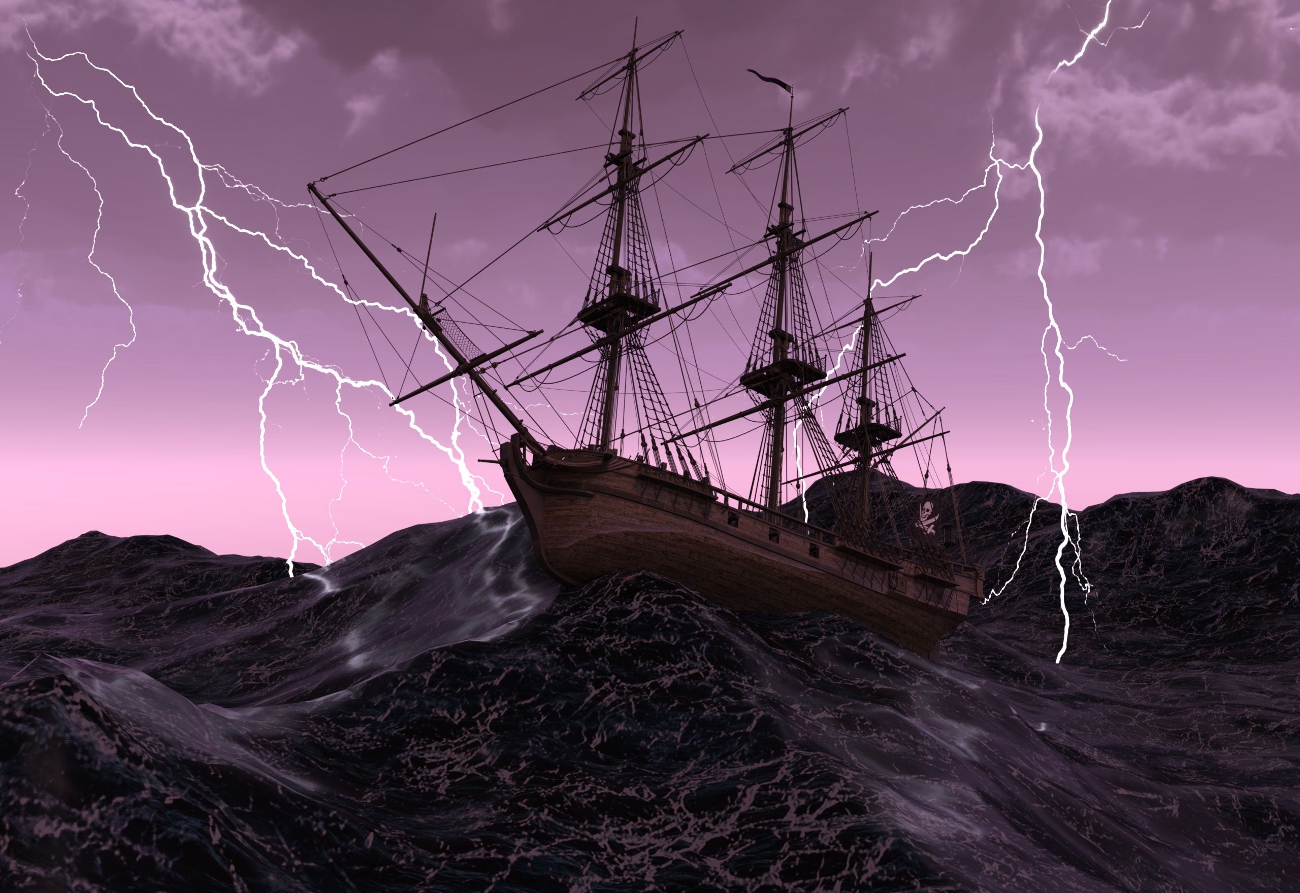 pirate ship, fantasy, ship, lightning