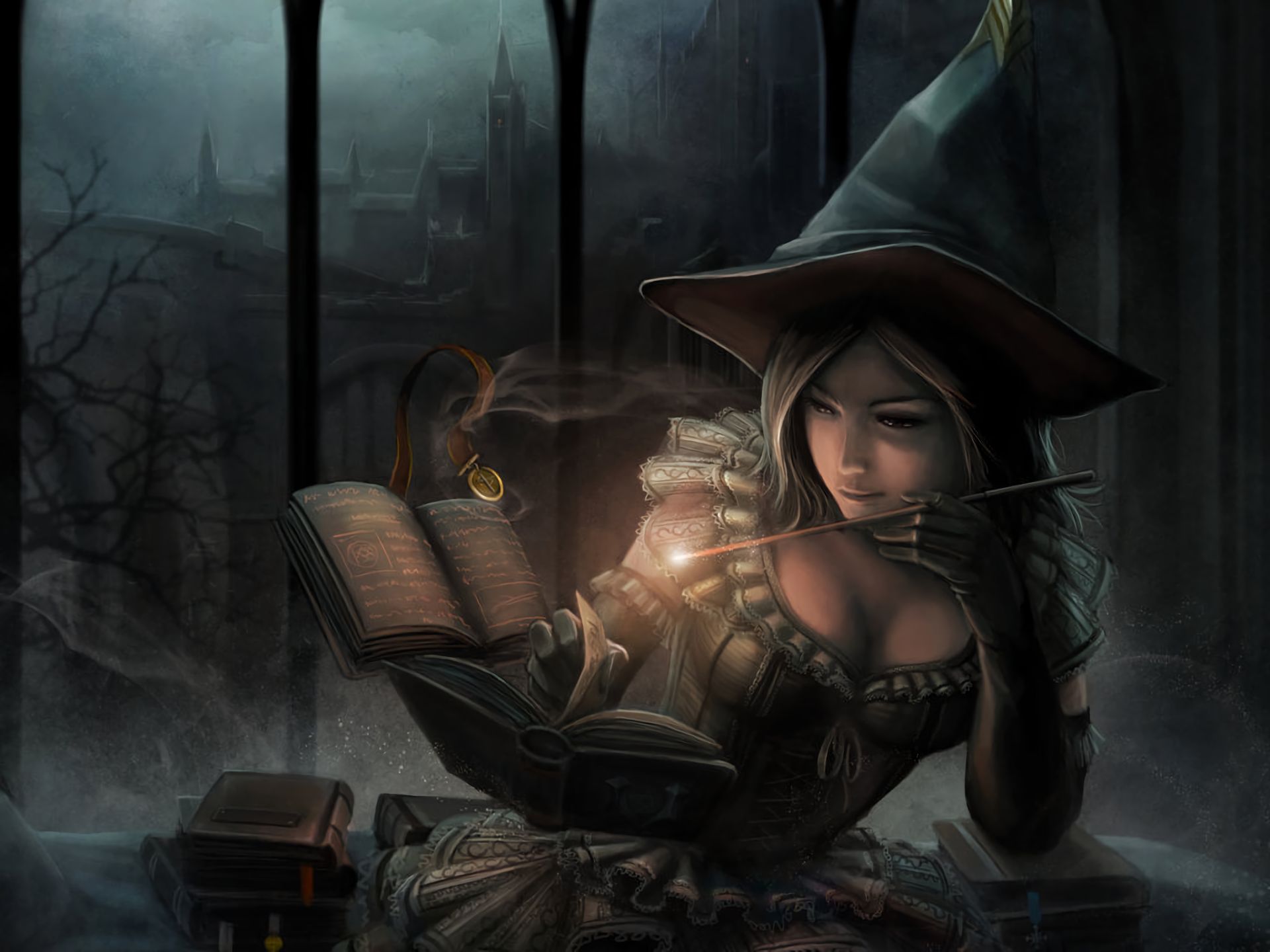 Download mobile wallpaper Magic, Fantasy, Holiday, Window, Book, Witch, Witch Hat for free.