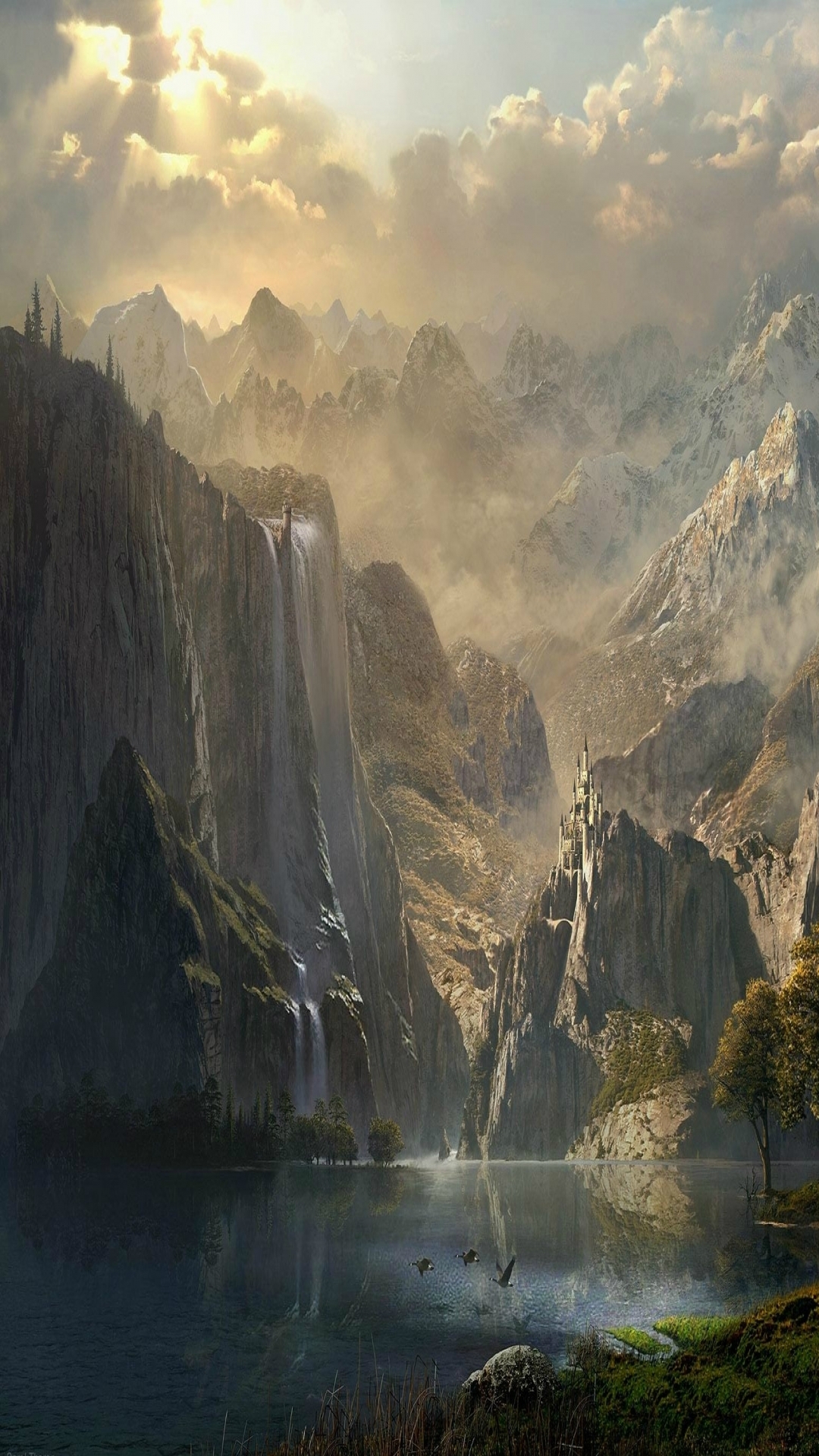 Download mobile wallpaper Landscape, Fantasy, Mountain, Lake, Horse, Adventure, Castle for free.