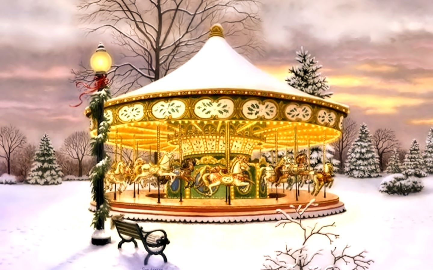 man made, carousel, bench, snow, winter