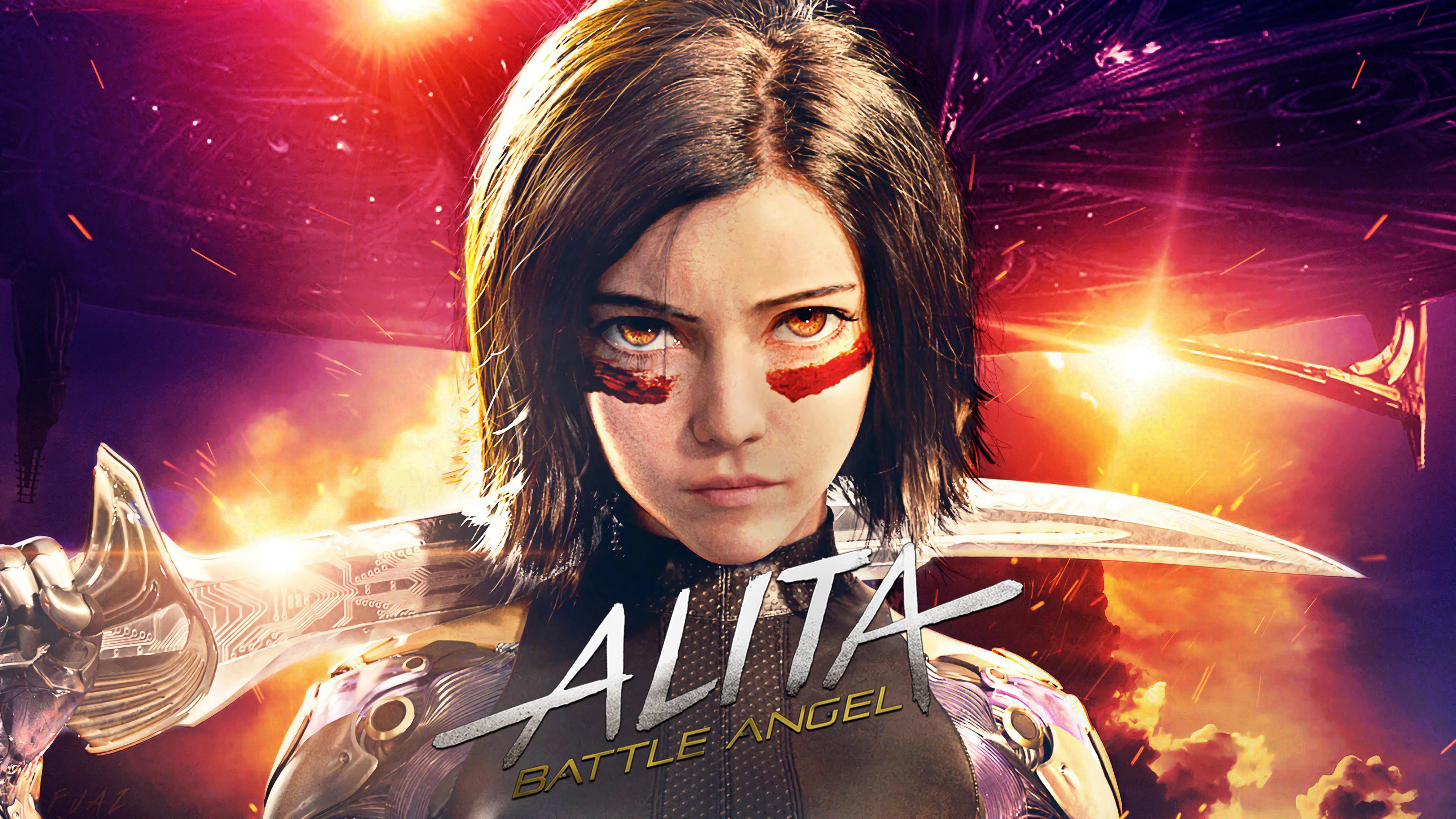alita (alita: battle angel), movie, alita: battle angel, black hair, brown eyes, cyborg, sword