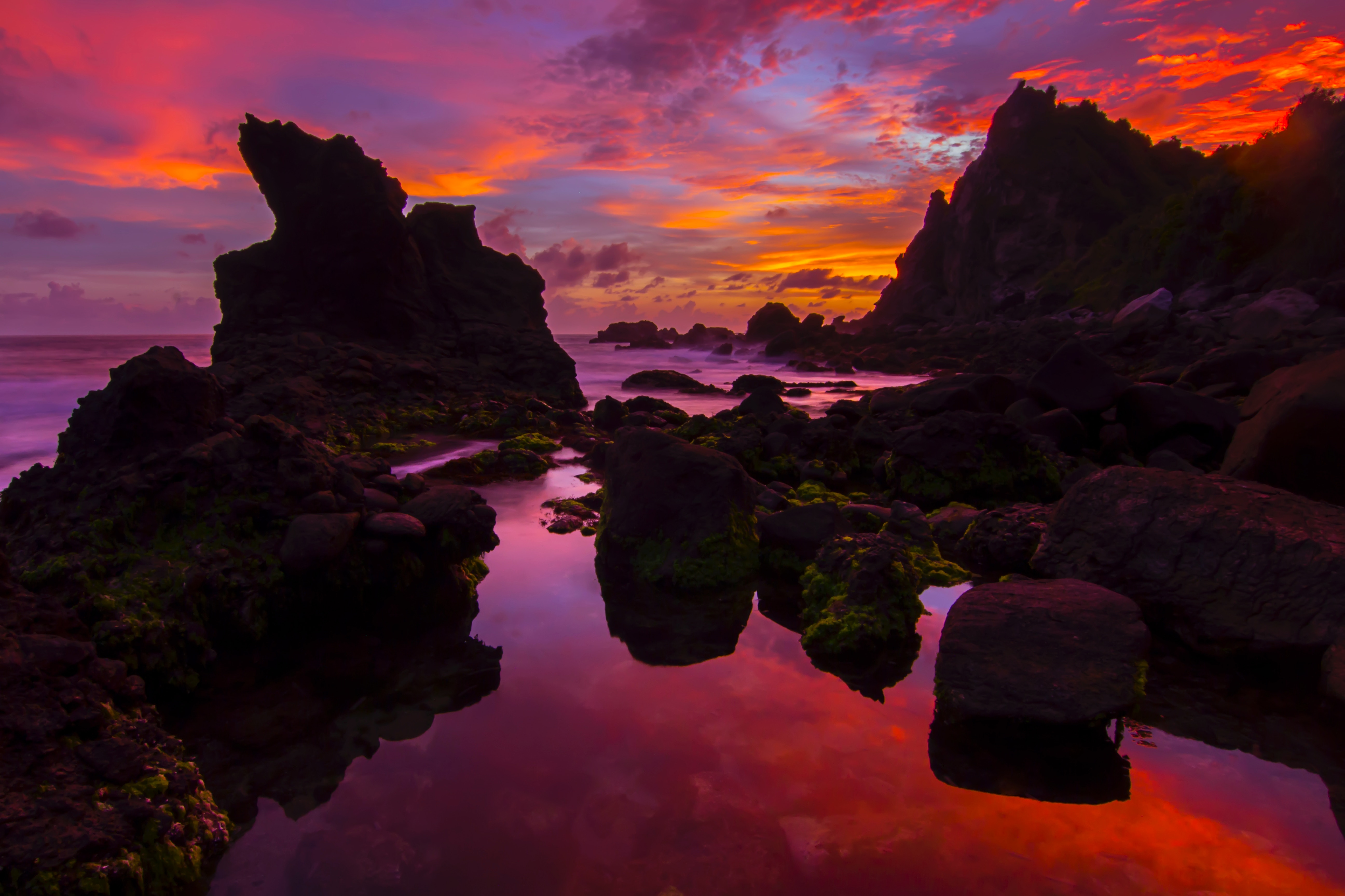 Free download wallpaper Nature, Sunset, Stones, Sea, Rocks on your PC desktop