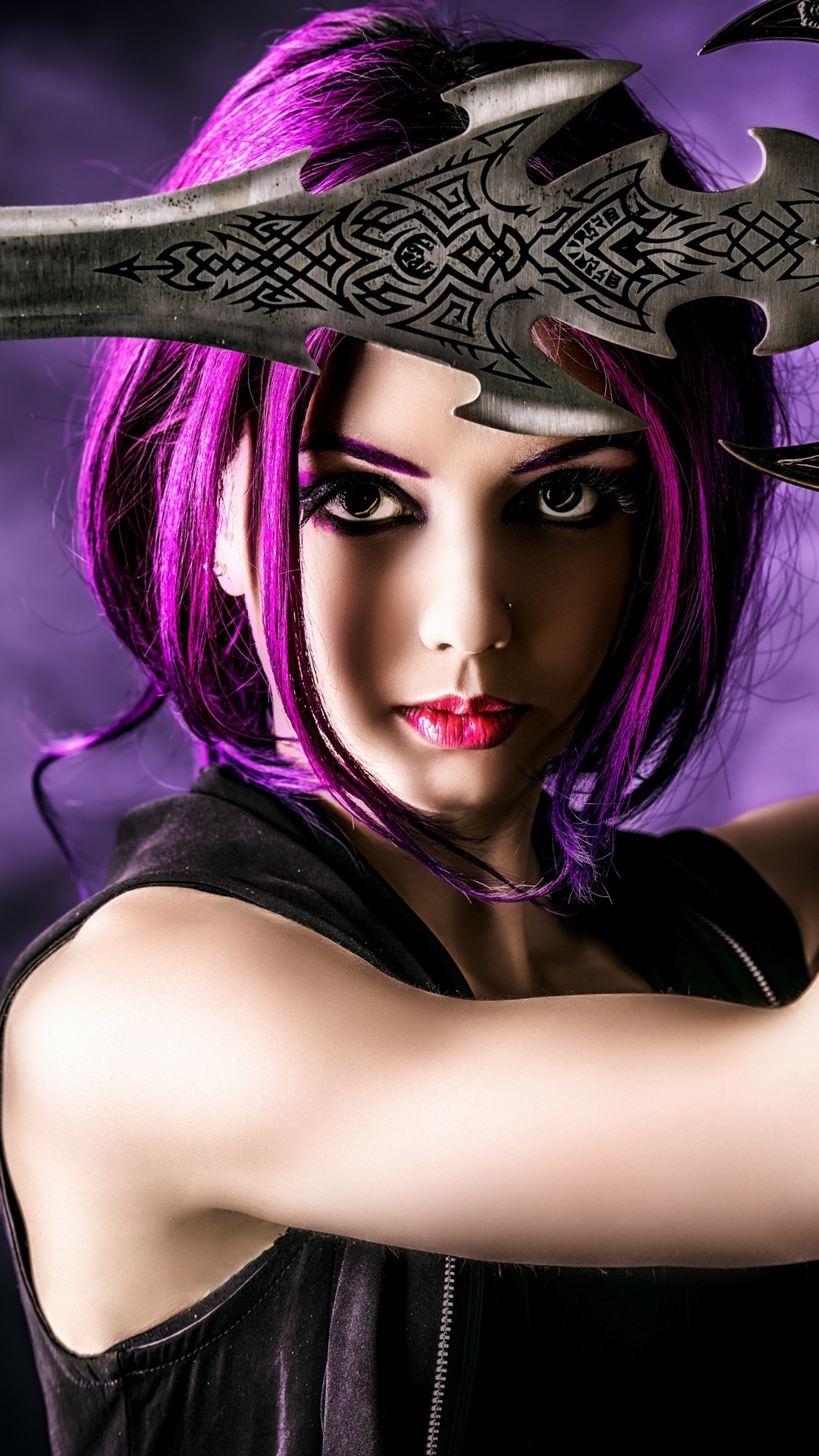 Download mobile wallpaper Fantasy, Model, Women, Sword, Cosplay, Crimson Hair for free.