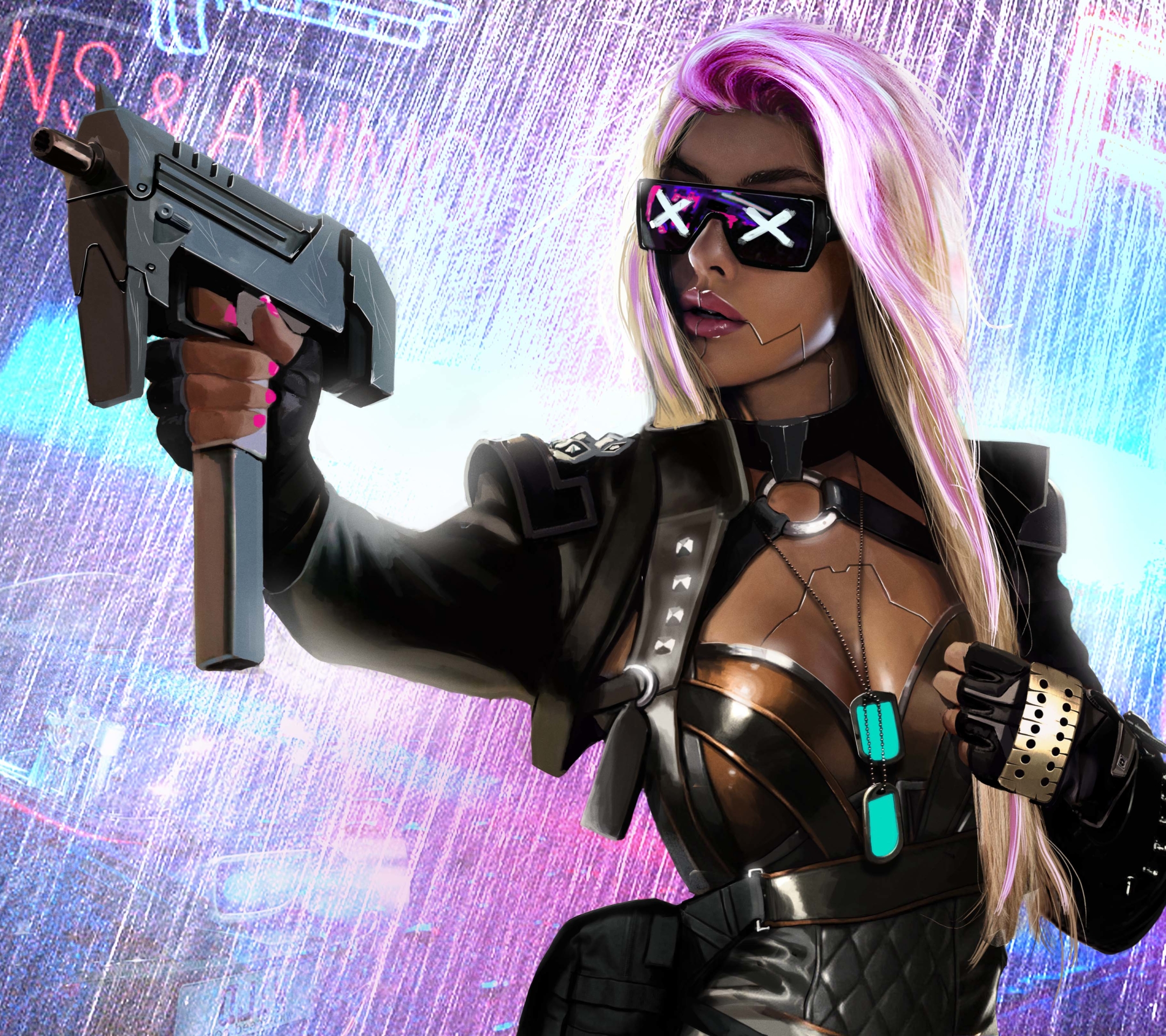Download mobile wallpaper Rain, Cyberpunk, Sci Fi, Blonde, Cyborg, Sunglasses, Gun, Woman Warrior for free.