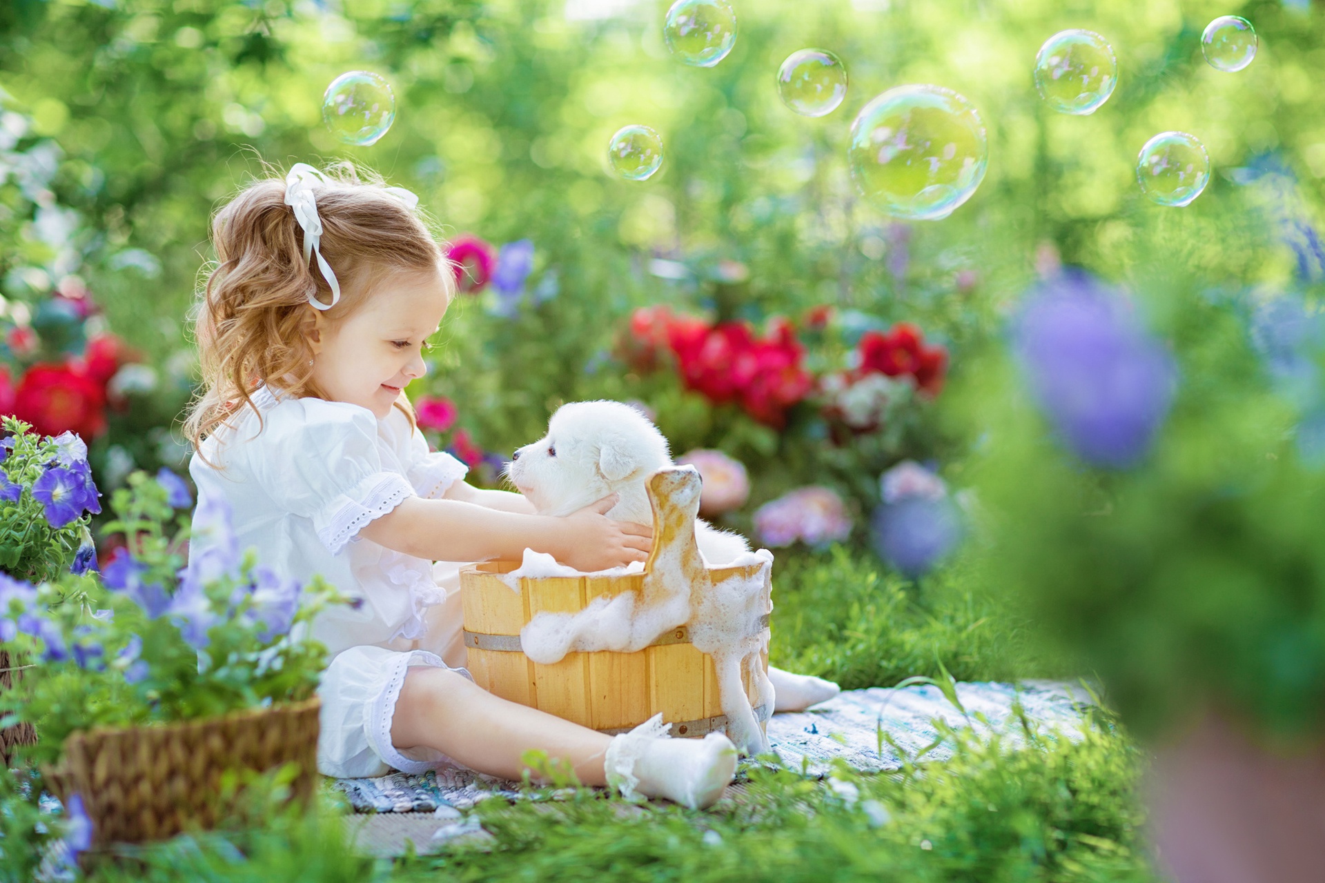 Free download wallpaper Flower, Puppy, Mood, Child, Photography, Bubble on your PC desktop