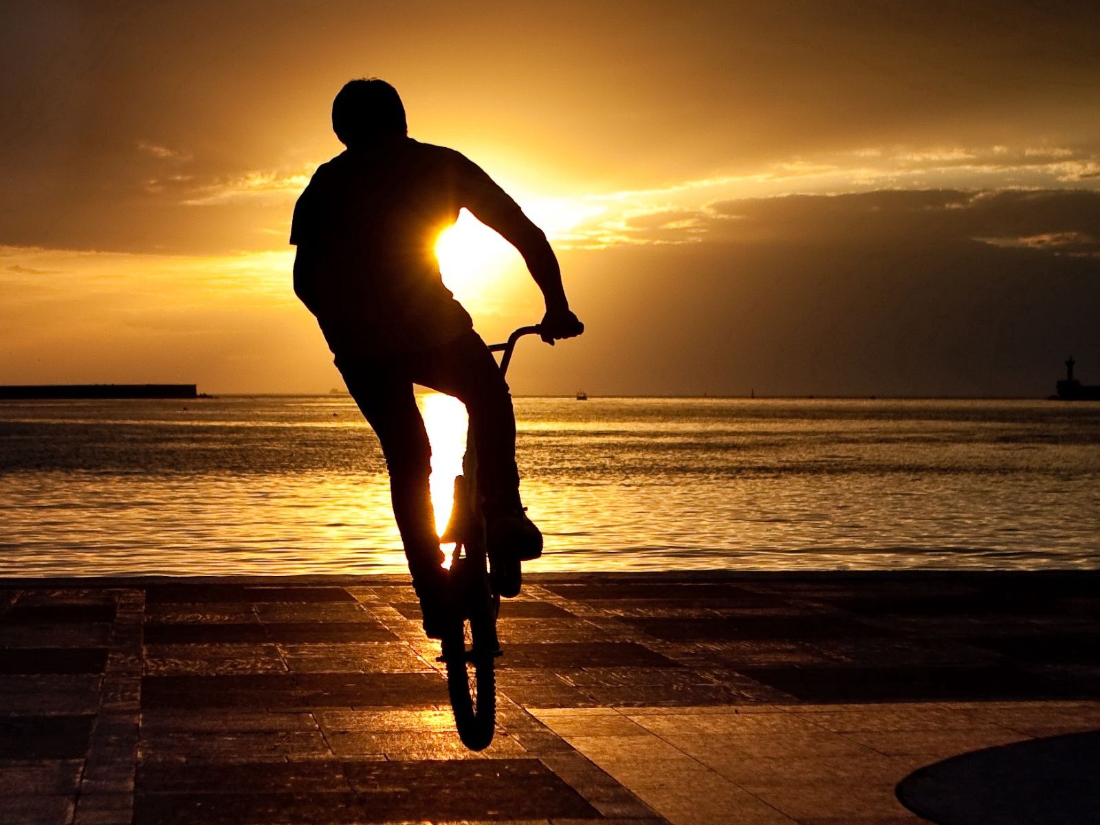 cyclist, sports, sun, bounce, jump, extreme, trick, embankment, quay