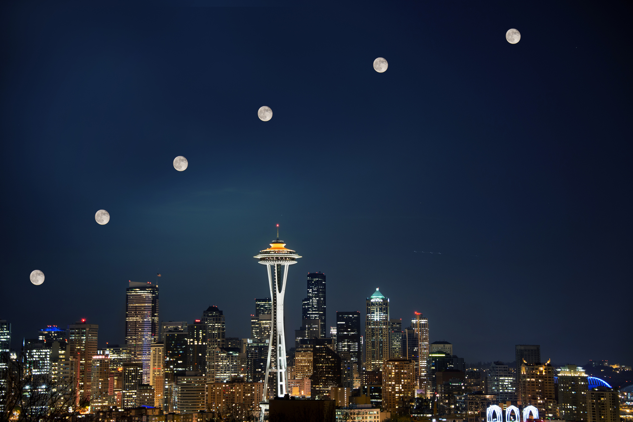 Free download wallpaper Sky, Night, Moon, Skyscraper, Building, Light, Cityscape, Photography, Seattle, Time Lapse on your PC desktop