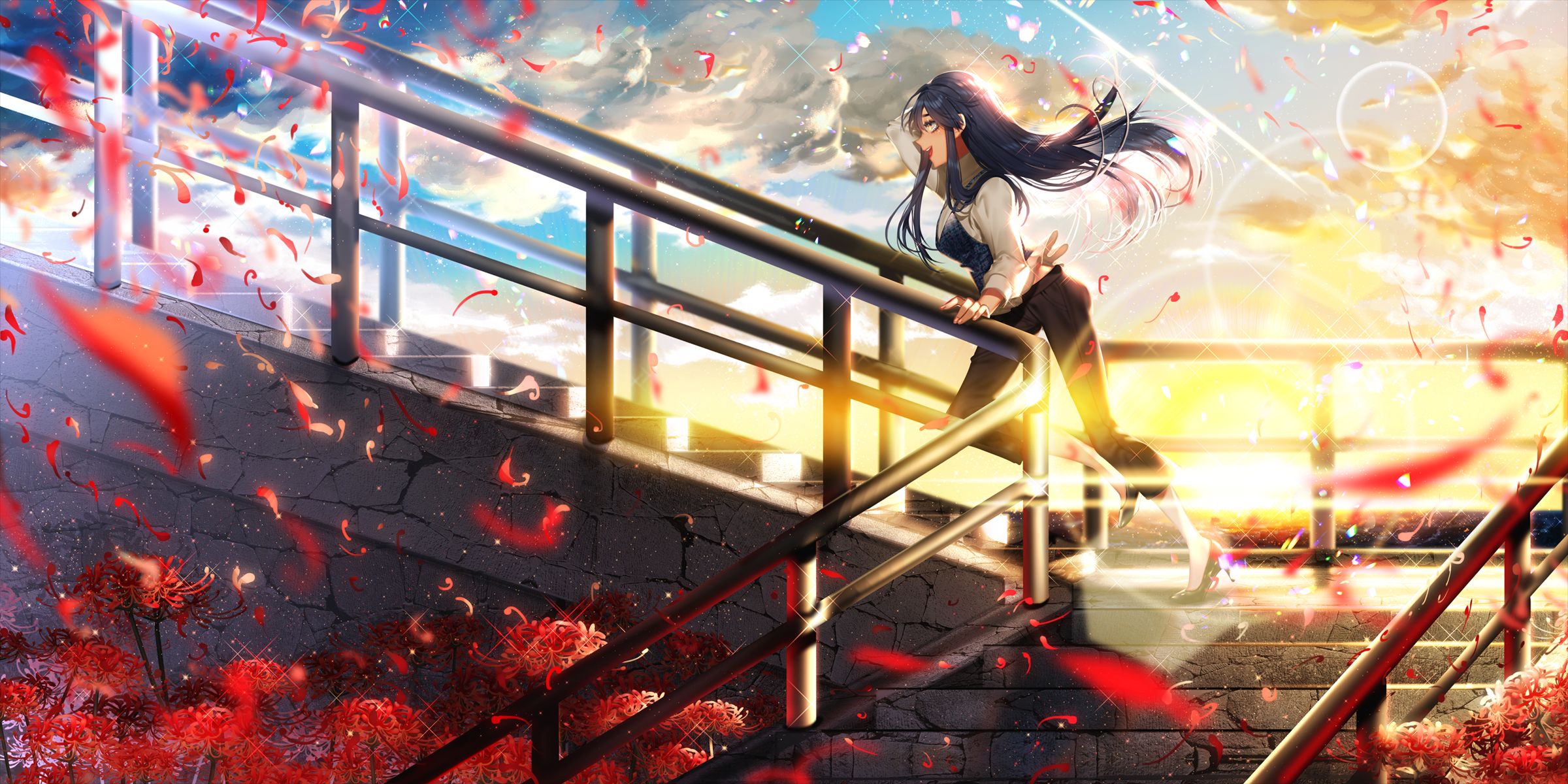 Download mobile wallpaper Anime, Sunset, Stairs, Original for free.