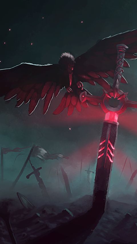 Download mobile wallpaper Fantasy, Night, Dark, Bird, Warrior, Crow, Sword for free.