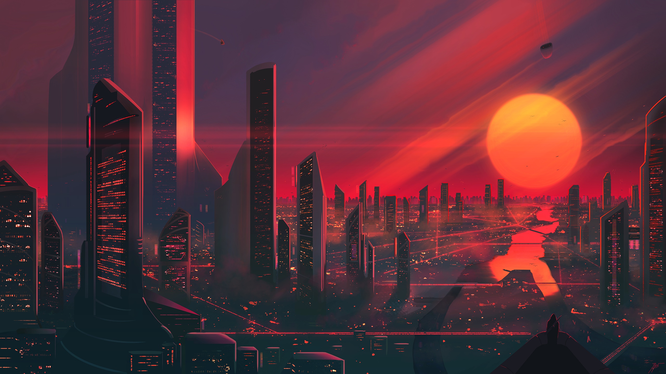 Free download wallpaper Sunset, Sun, City, Skyscraper, Building, Sci Fi, Futuristic on your PC desktop