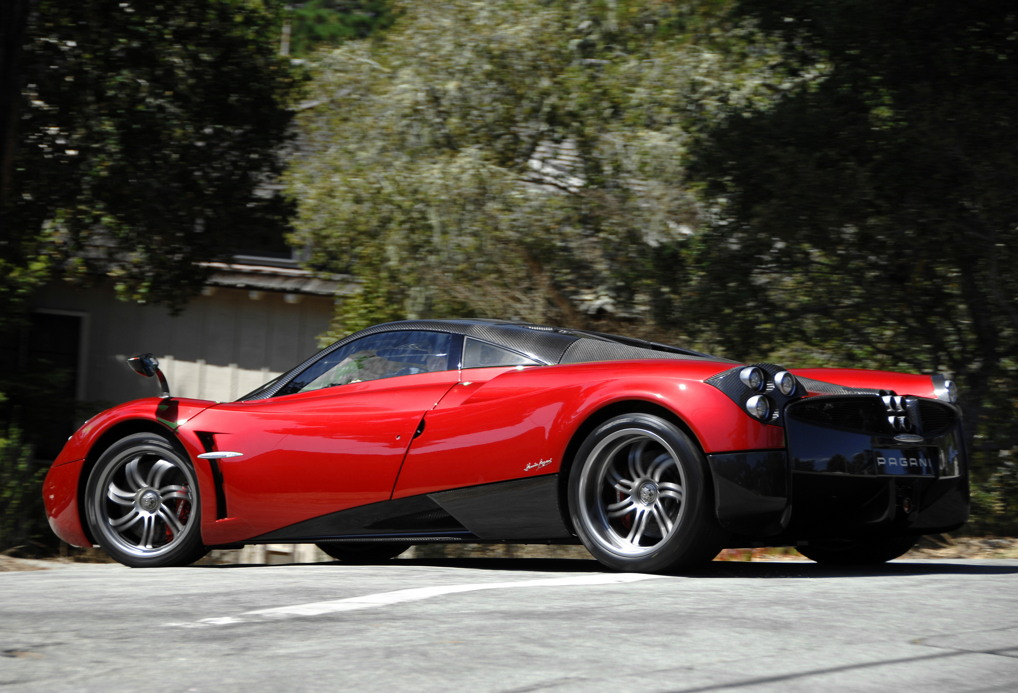Download background supercar, pagani, cars, red, side view, huayra