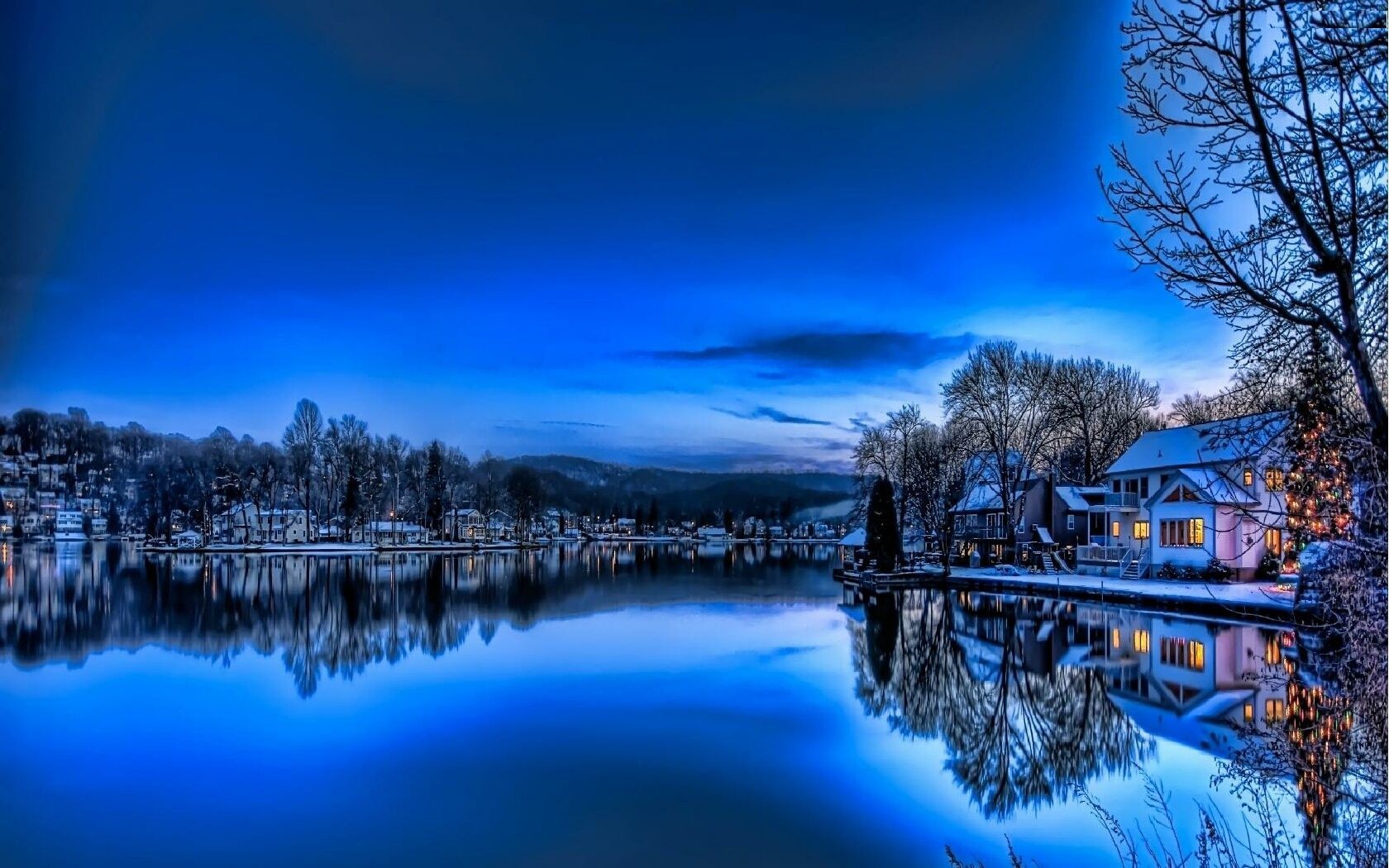 Download mobile wallpaper Winter, Snow, Lake, Reflection, Tree, House, Photography, Town for free.