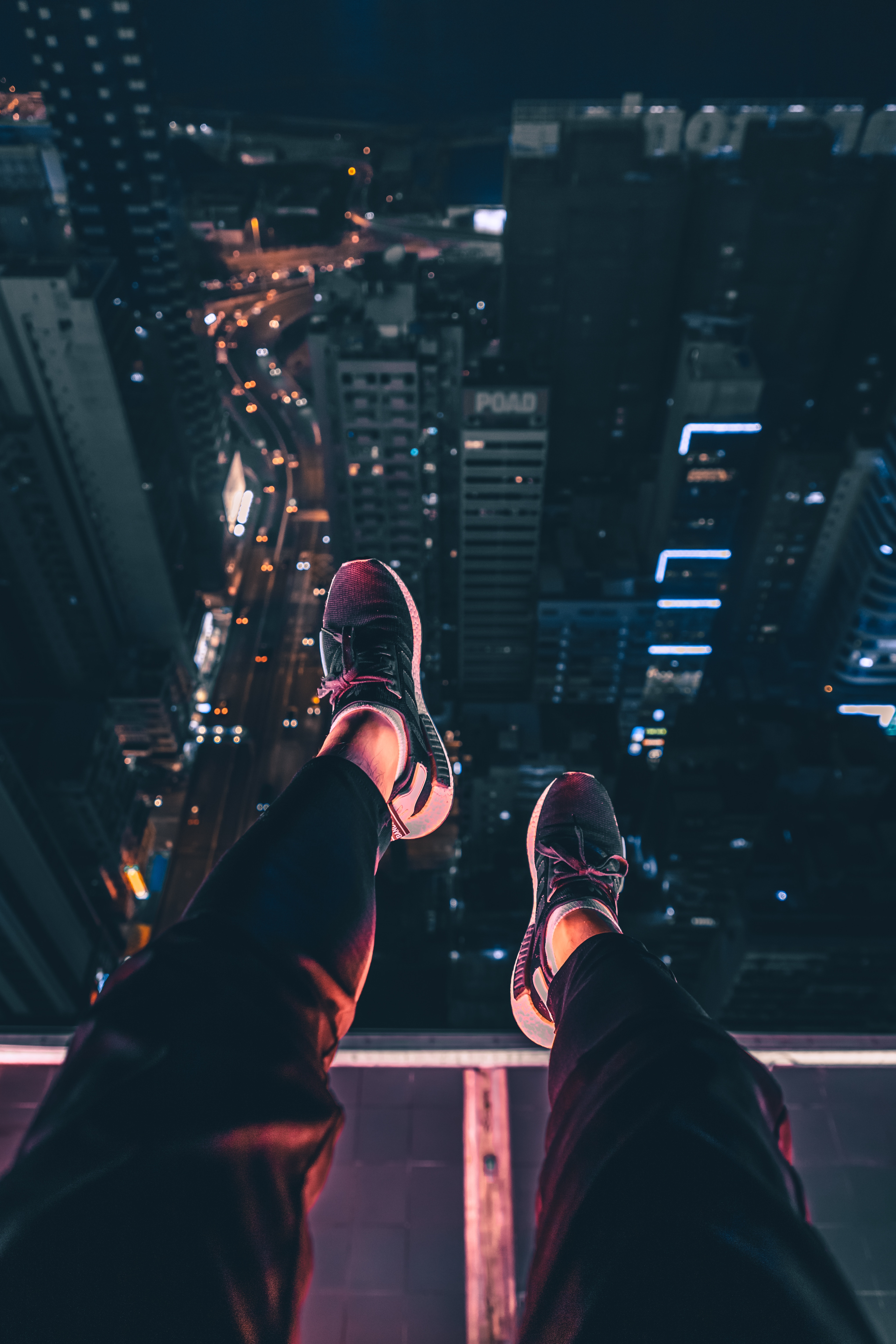 Download mobile wallpaper View From Above, Review, Overview, Cities, Roof, Legs, Night City, Night for free.
