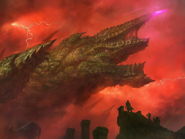 Download mobile wallpaper Fantasy, Lightning, Fog, Dragon for free.