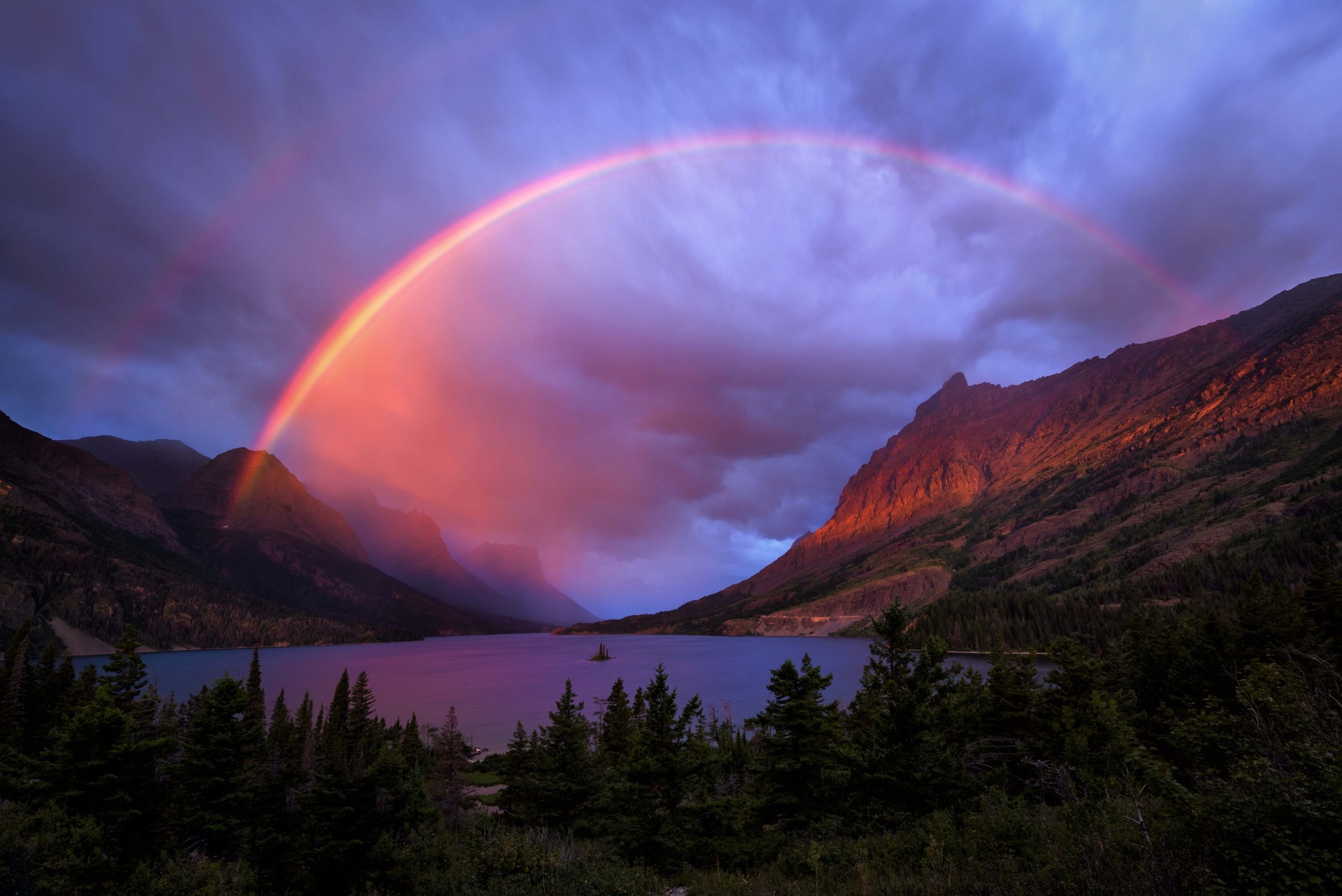 Free download wallpaper Landscape, Nature, Rainbow, Mountain, Lake, Earth, Cloud on your PC desktop