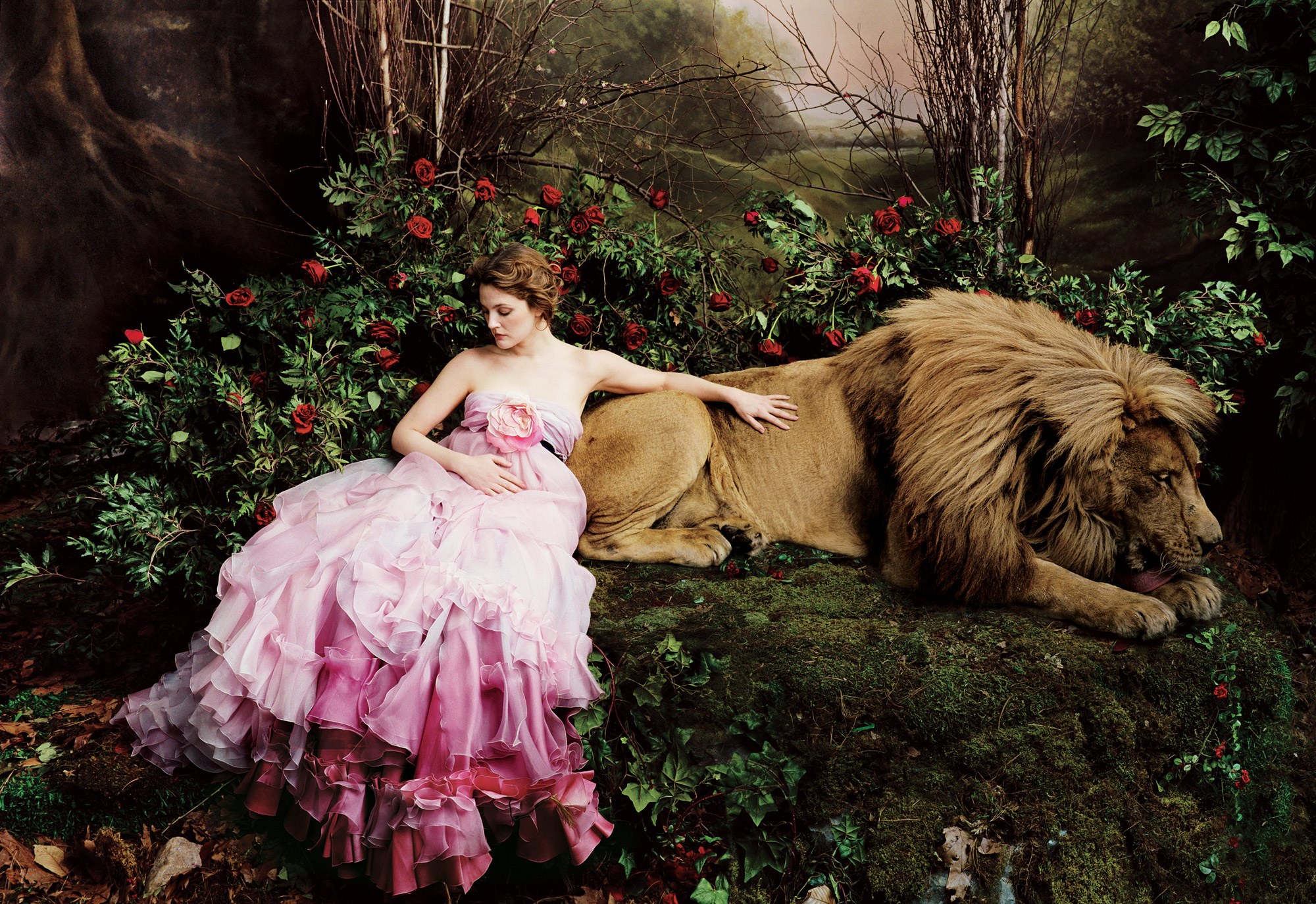 celebrity, drew barrymore, forest, lion, manipulation, photoshop, pink dress