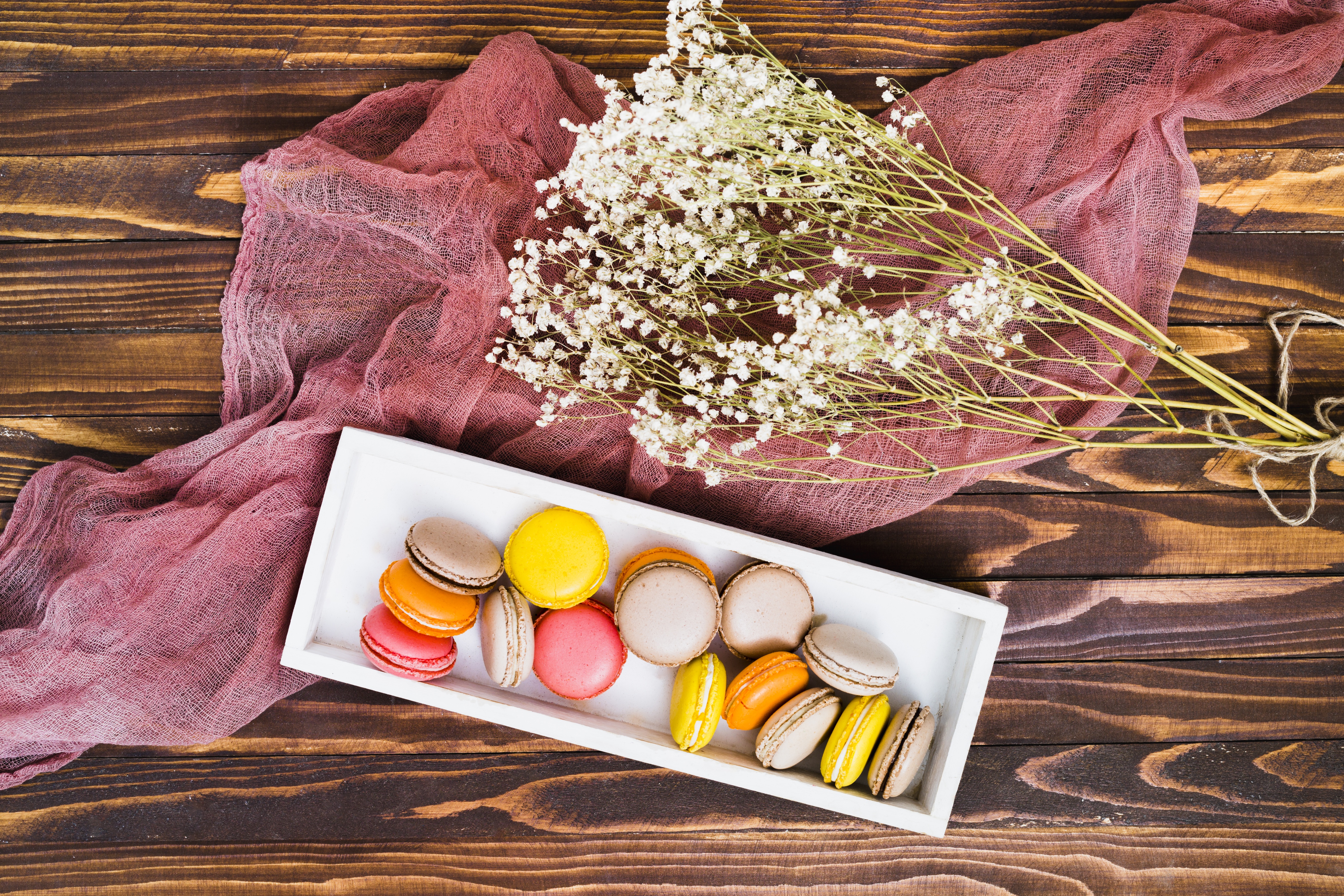Free download wallpaper Food, Still Life, Sweets, White Flower, Macaron on your PC desktop
