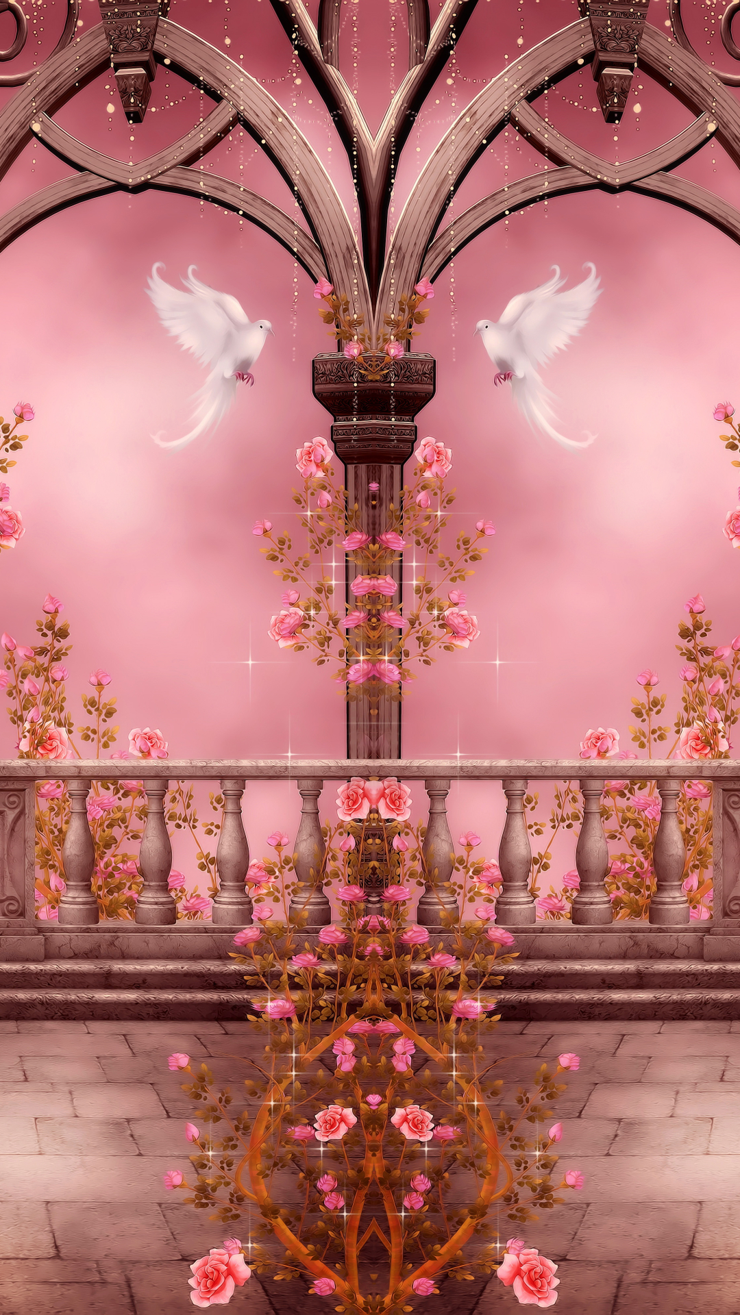 Download mobile wallpaper Fantasy, Pink, Rose, Arch, Artistic, Dove, Columns, Pink Rose for free.