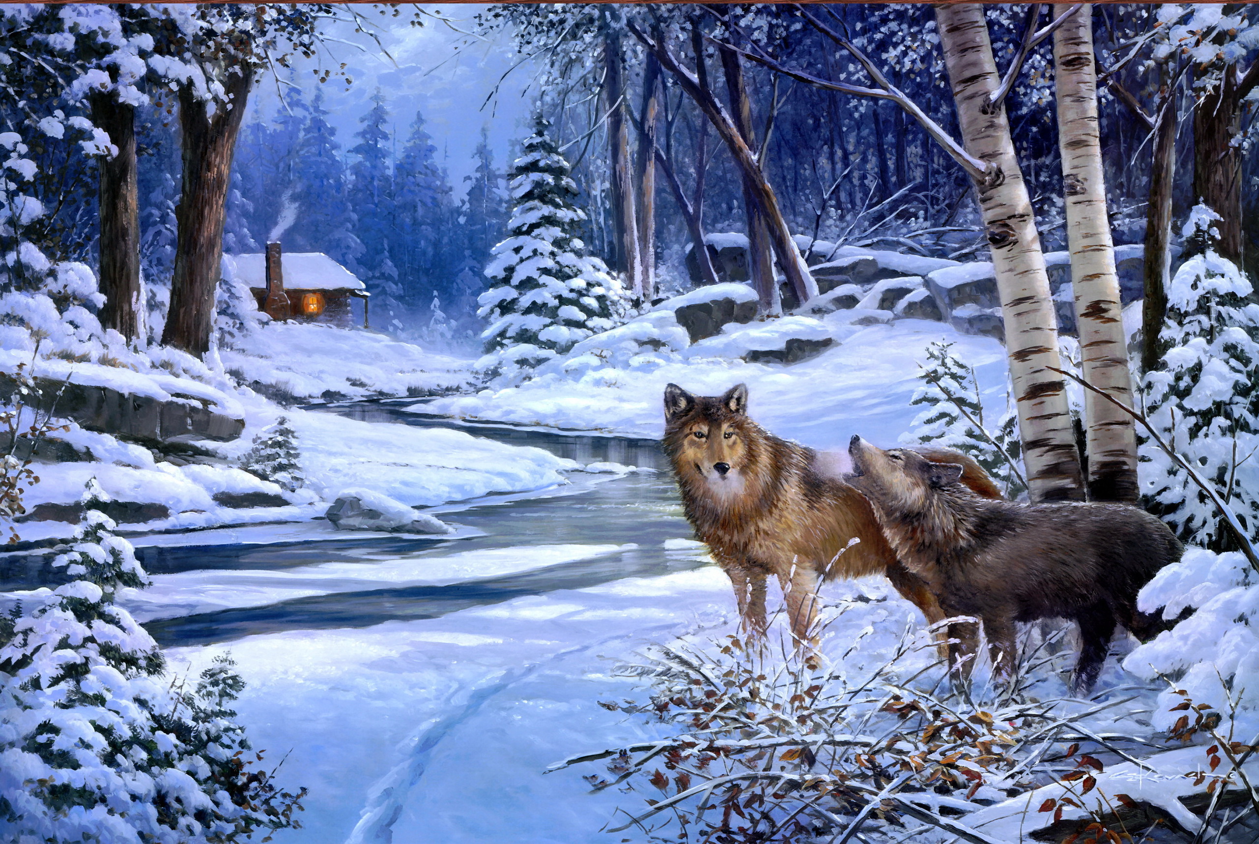 280832 завантажити шпалери тварина, вовк, береза, ліс, живопис, сніг, дерево, зима, вовки - заставки і картинки безкоштовно