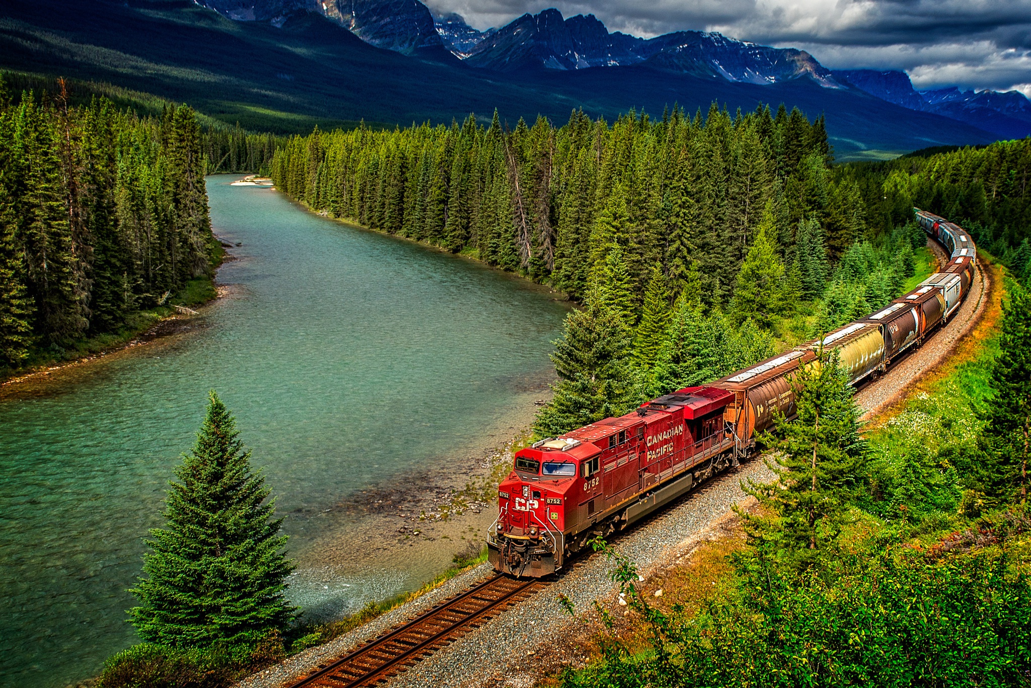 train, vehicles, forest, landscape, locomotive, mountain, river