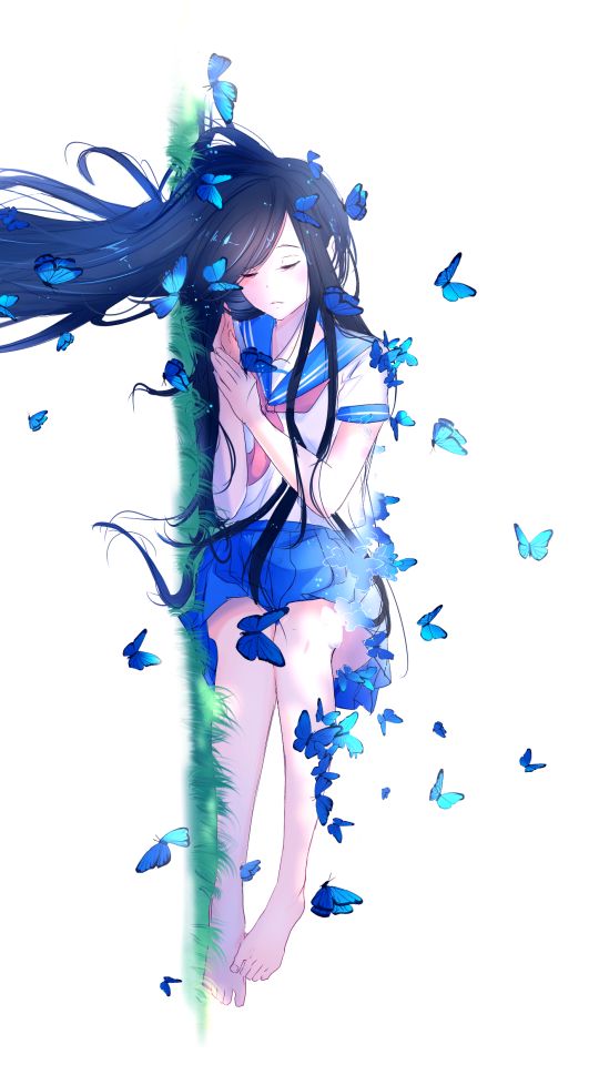 Download mobile wallpaper Anime, Butterfly, Schoolgirl, Original, School Uniform, Black Hair, Long Hair for free.