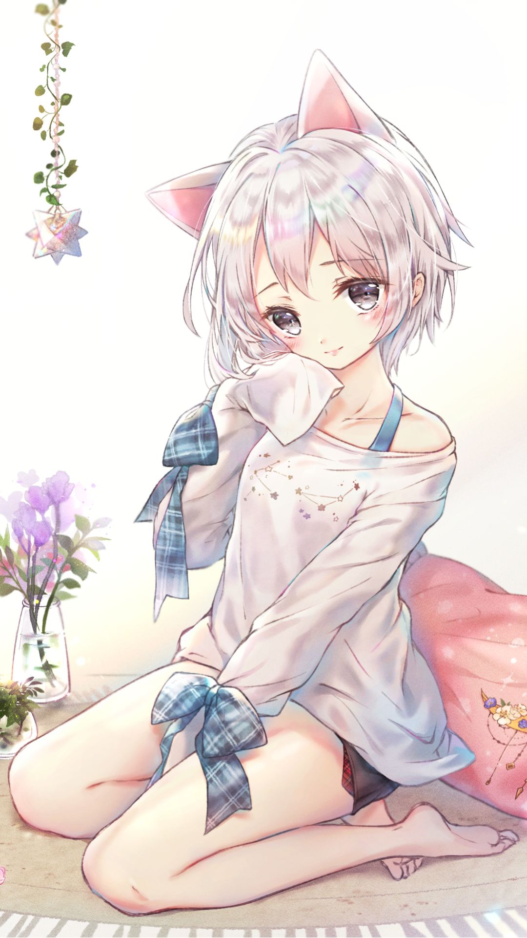 Download mobile wallpaper Anime, Flower, Original, Brown Eyes, Pointed Ears, Short Hair, Bow (Clothing) for free.