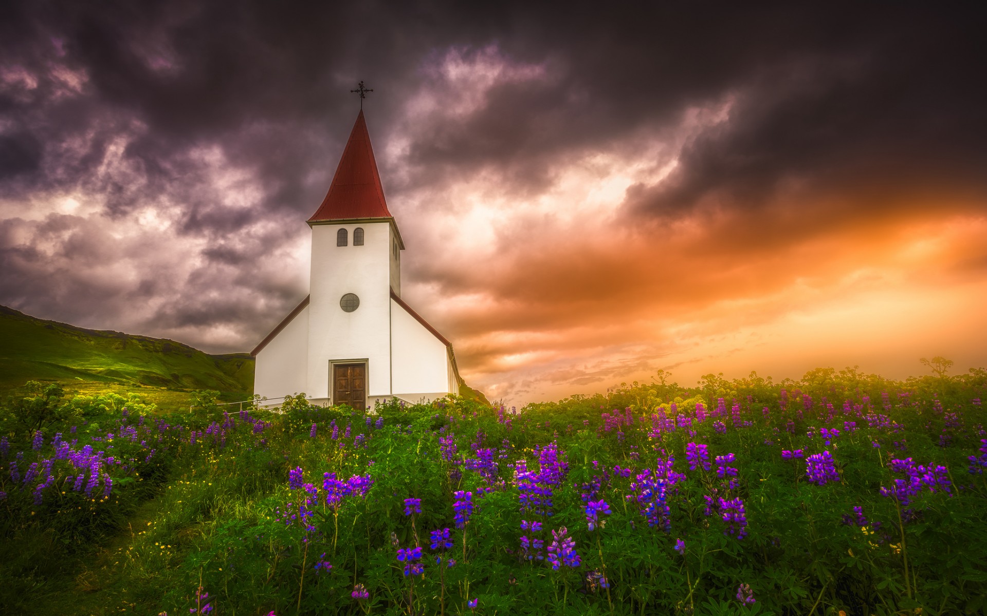Free download wallpaper Sunset, Field, Purple, Cloud, Church, Lupine, Churches, Religious on your PC desktop